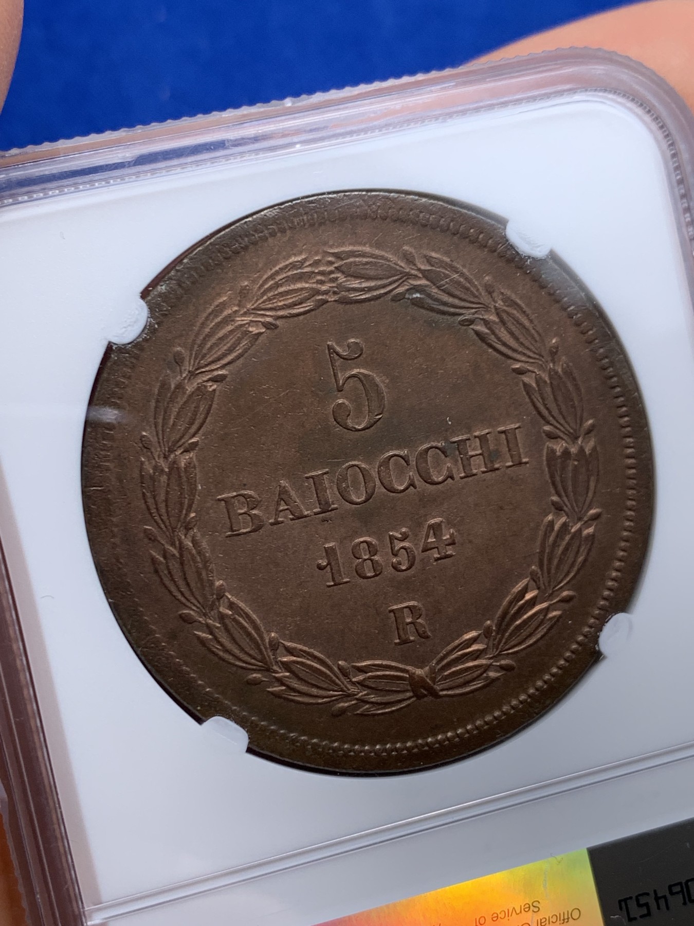 《竞宝斋》圣诞专辑  第一场  第227场 定制纪念章相赠 (全场顺丰包邮) NGC MS63RB 意大利 1854 教皇国 庇护九世 5B大铜币  42克 40mm大规格 原味巧克力包浆 难得状态