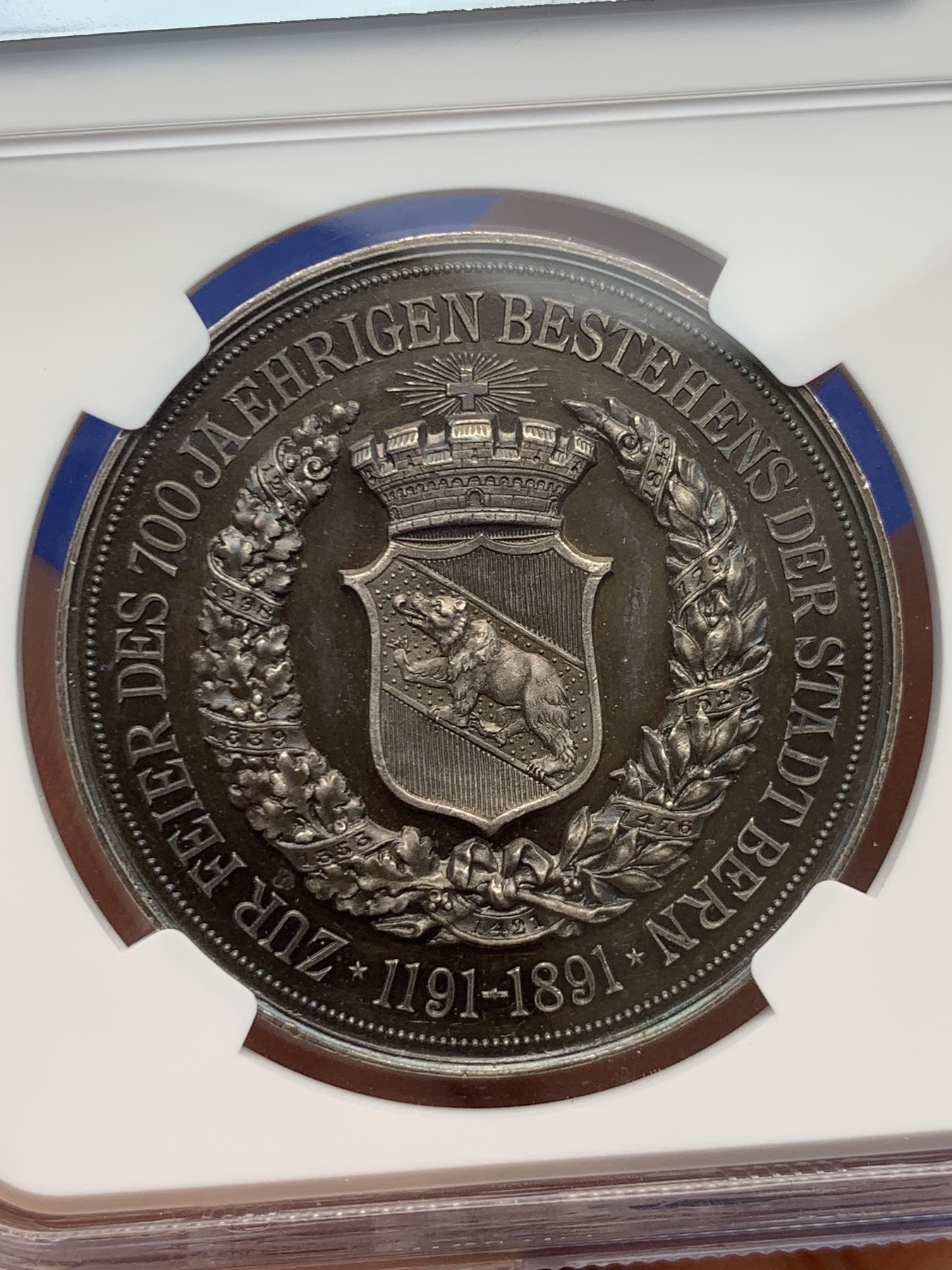 《竞宝斋》圣诞专辑  第一场  第227场 定制纪念章相赠 (全场顺丰包邮) NGC-MS63 瑞士 1891年 伯尔尼建城700周年纪念银章 深五彩包浆 非常漂亮