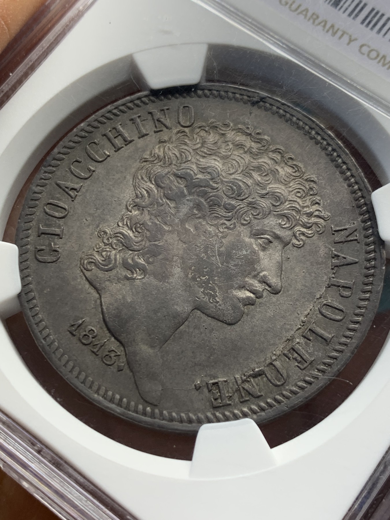 《竞宝斋》圣诞专辑  第一场  第227场 定制纪念章相赠 (全场顺丰包邮) 稀！NGC-AU58 1813那不勒斯与西西里缪拉像5里拉大银币 收藏级！AUD成交价8000多 上58分太难了