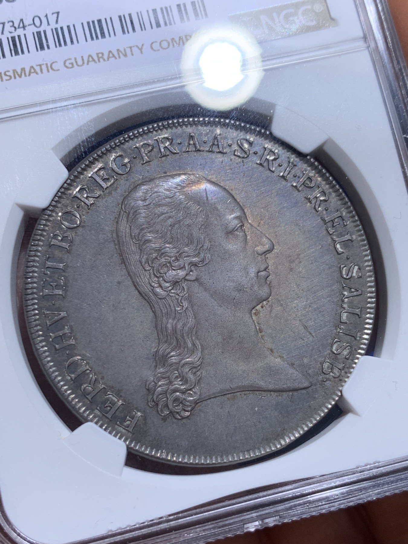 《竞宝斋》圣诞专辑  第二场  第228场 定制纪念章相赠 (全场顺丰包邮) NGC AU58 奥地利 哈布斯堡王朝 1803 斐迪南三世托斯卡纳大公 泰勒大银币  灰彩包浆 底板光亮 细节好 低评状态