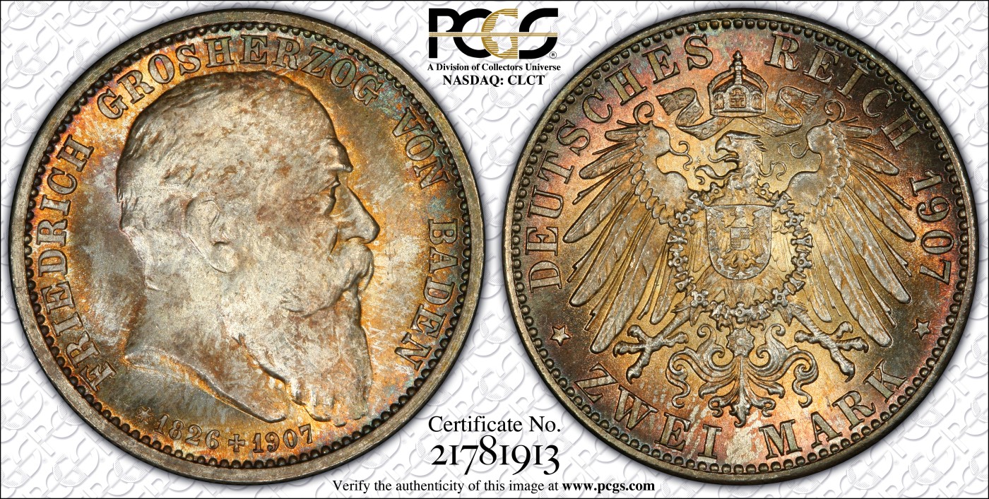 《竞宝斋》圣诞专辑  第一场  第227场 定制纪念章相赠 (全场顺丰包邮) PCGS MS67，德国1907巴登逝世纪念2马克银币，五彩包浆车轮光，2020年1月，SBP拍品，240美金，注:老白盒配官方高清图极罕见