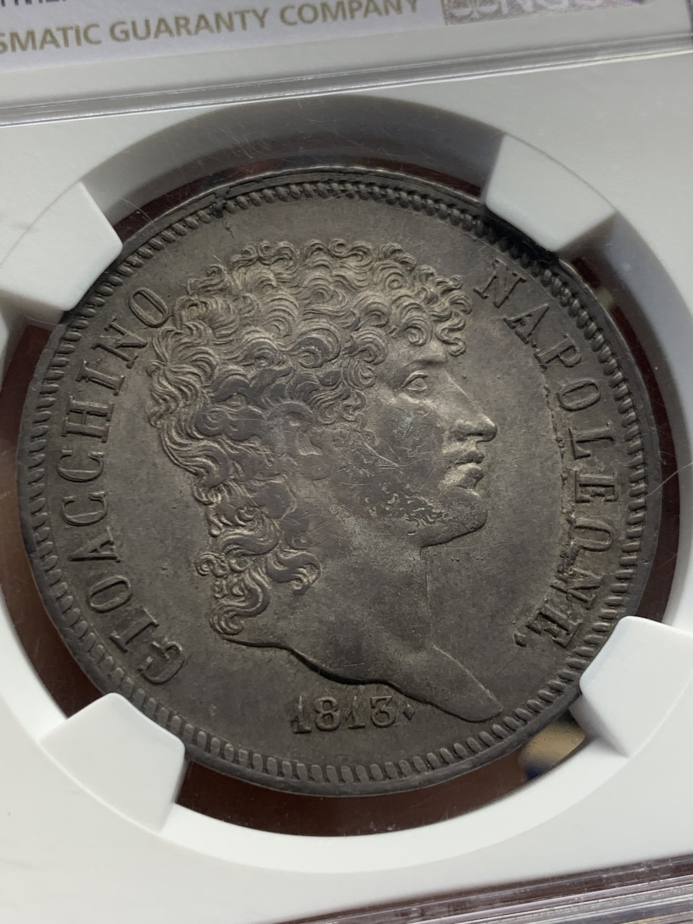 《竞宝斋》圣诞专辑  第一场  第227场 定制纪念章相赠 (全场顺丰包邮) 稀！NGC-AU58 1813那不勒斯与西西里缪拉像5里拉大银币 收藏级！AUD成交价8000多 上58分太难了