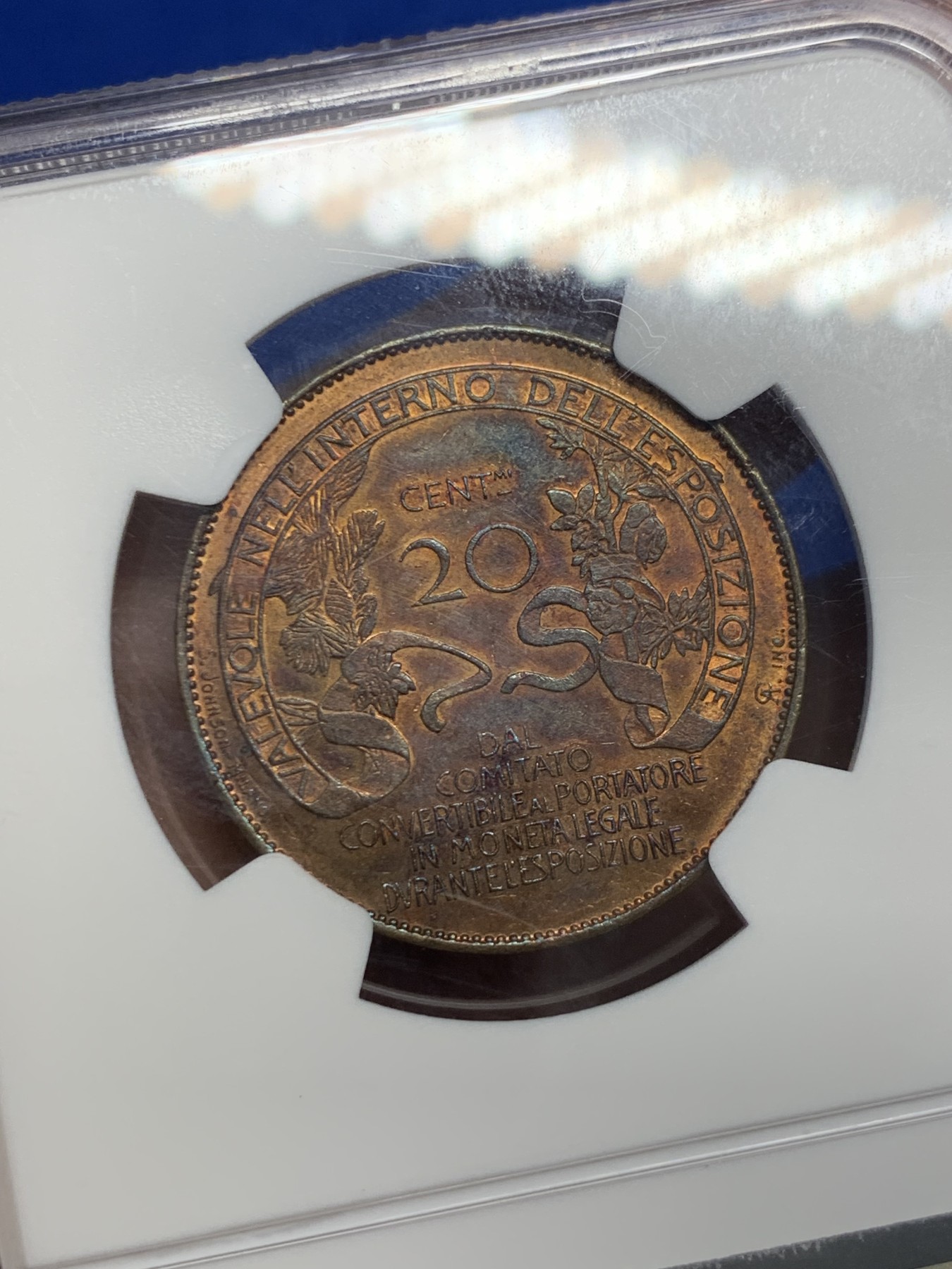 《竞宝斋》圣诞专辑  第一场  第227场 定制纪念章相赠 (全场顺丰包邮) NGC-MS62RB 意大利 1906年 米兰博览会纪念 20分铜币 稀少品种 RB的品相首拍 绝美人脸加五彩