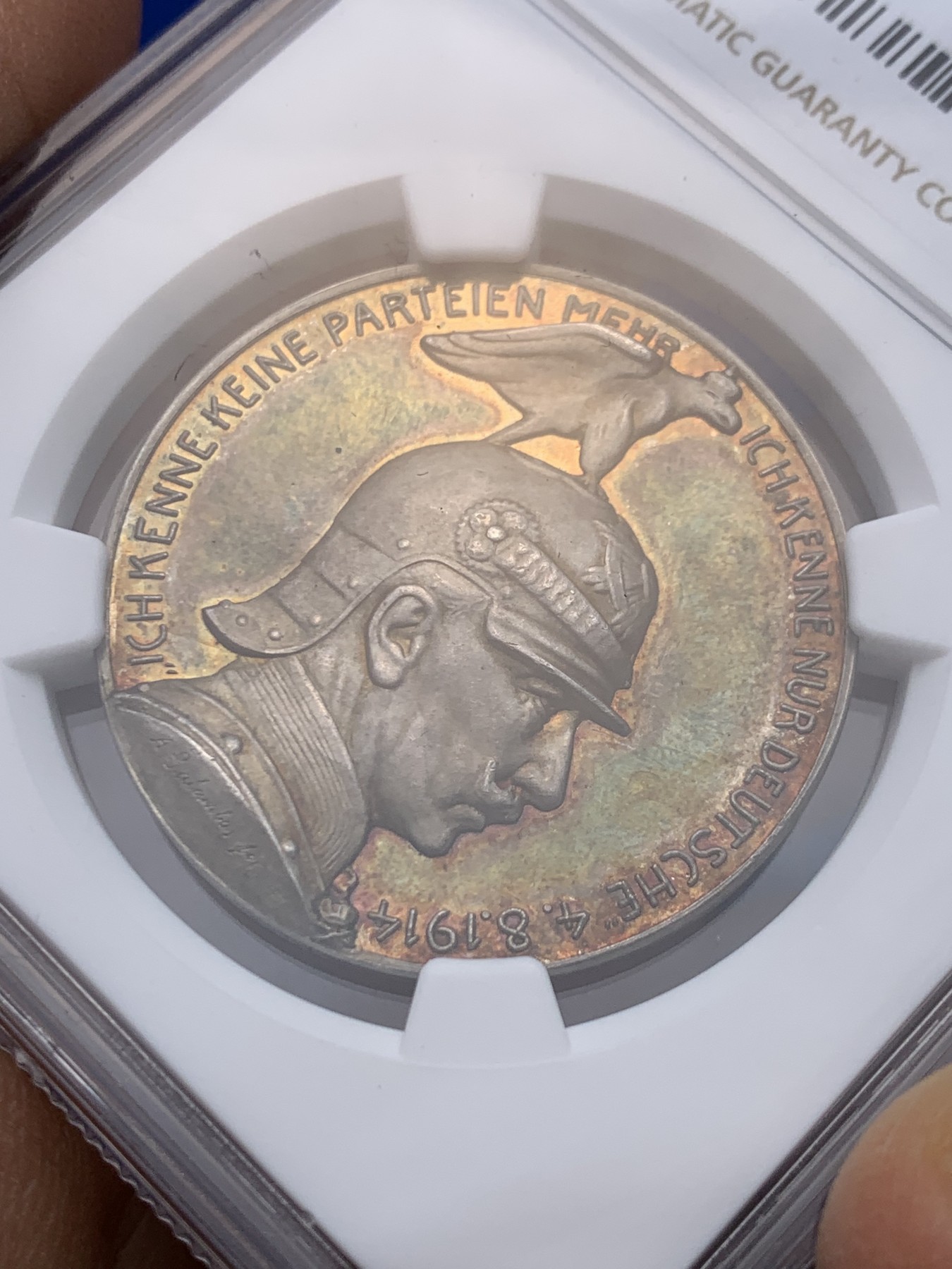 《竞宝斋》圣诞专辑  第一场  第227场 定制纪念章相赠 (全场顺丰包邮) NGC-MS63 德国 1914年 德皇威廉二世一战动员纪念高浮雕银章 绚丽五彩 ngc唯一亚军分 更高分只有一枚 一步到位的品相 足以自藏 麦稀奇今年9月同品种61分成交价含佣1617元