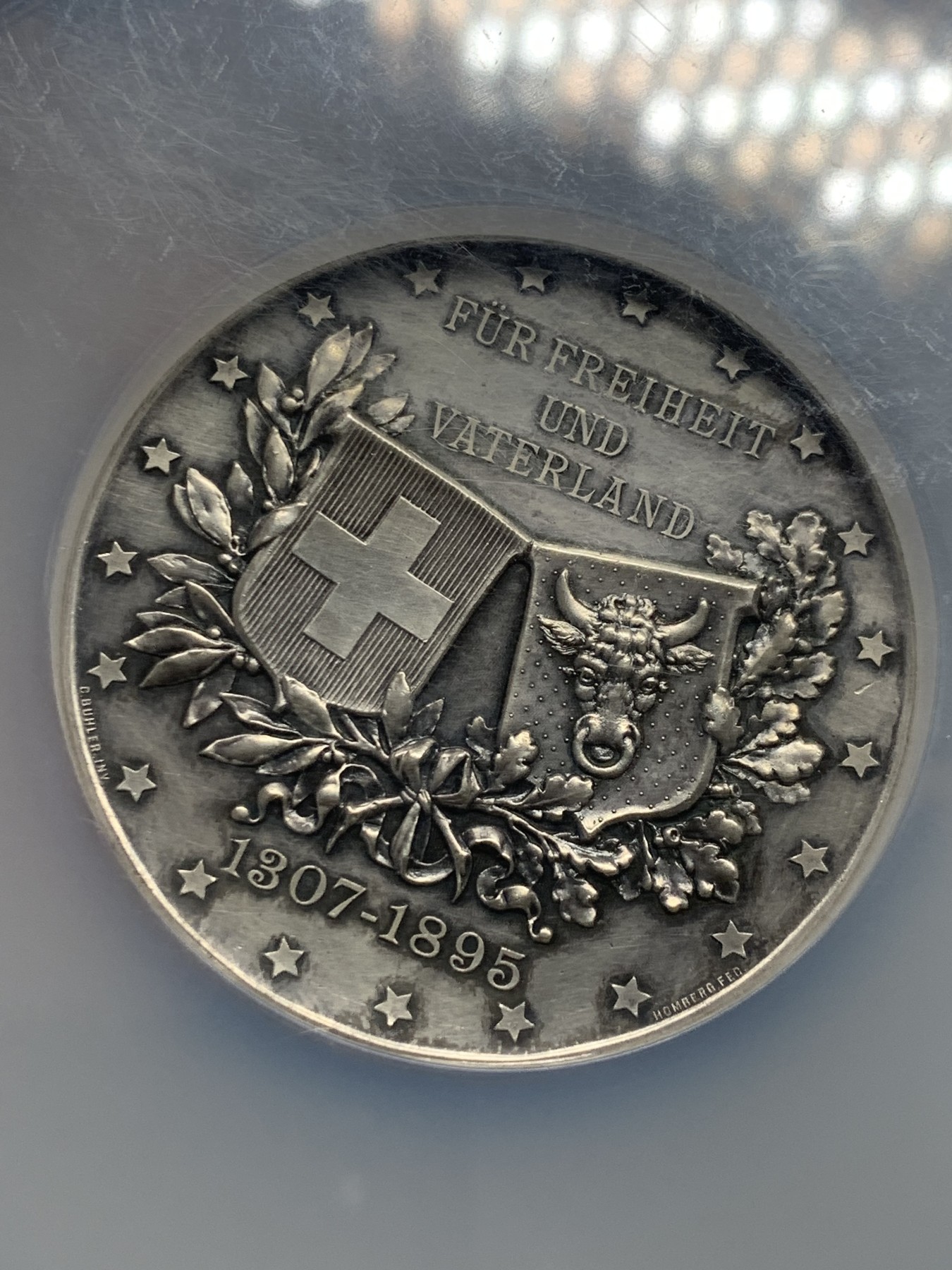 《竞宝斋》圣诞专辑  第一场  第227场 定制纪念章相赠 (全场顺丰包邮) NGC-MS62 瑞士 1895年 乌里州射击节大银章 厚重高浮雕 精致工艺 非常漂亮 NGC大盒