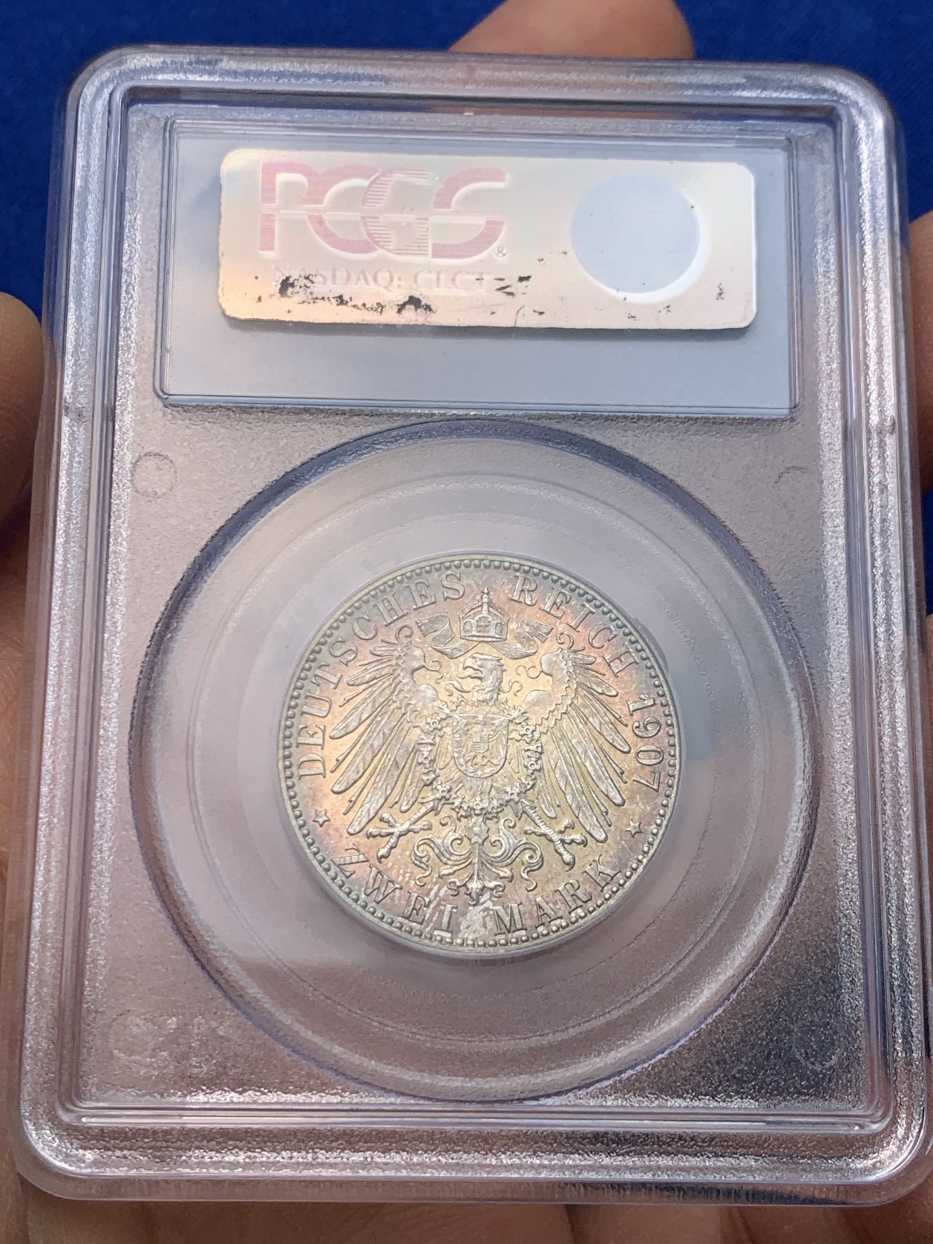 《竞宝斋》圣诞专辑  第一场  第227场 定制纪念章相赠 (全场顺丰包邮) PCGS MS67，德国1907巴登逝世纪念2马克银币，五彩包浆车轮光，2020年1月，SBP拍品，240美金，注:老白盒配官方高清图极罕见