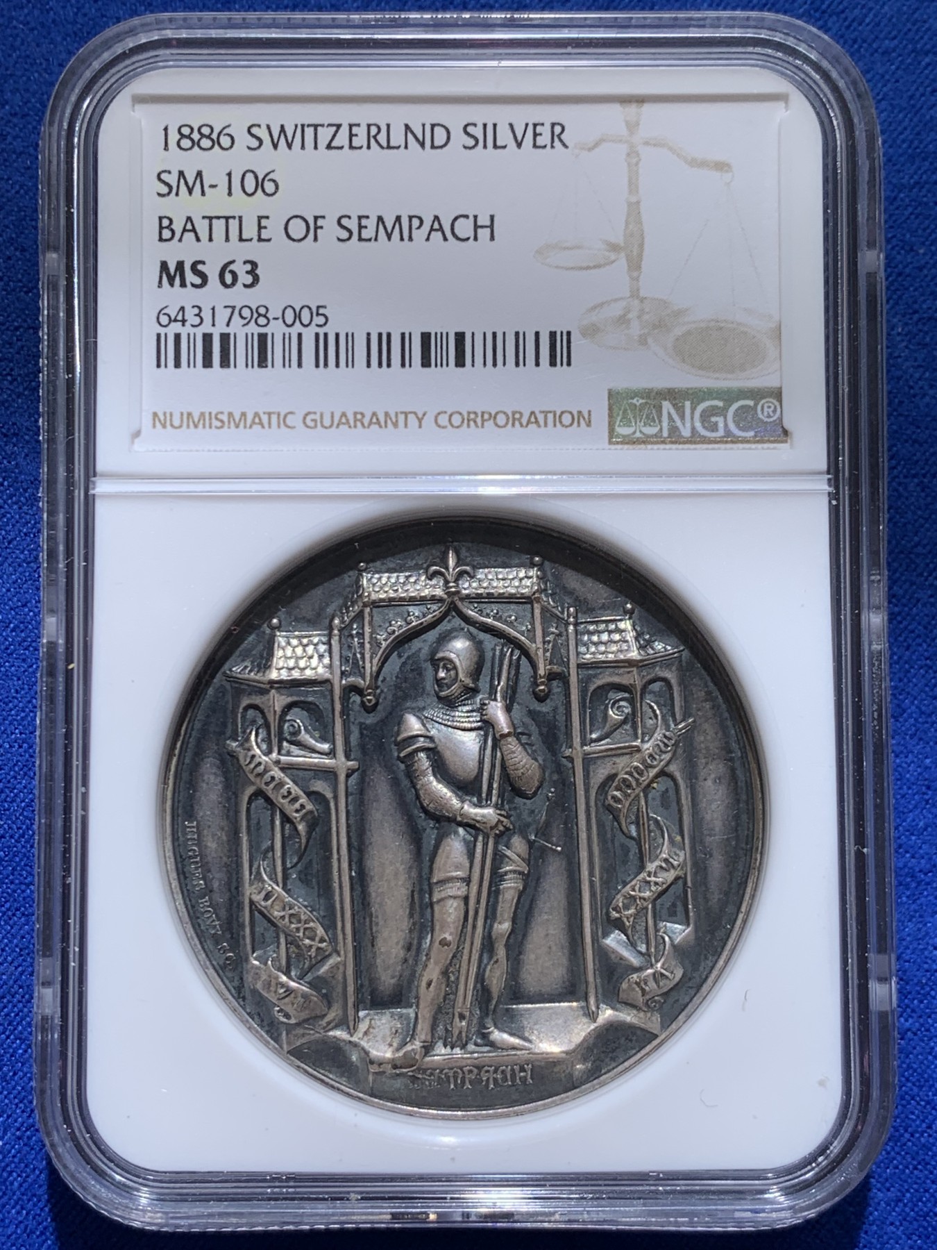 《竞宝斋》圣诞专辑  第一场  第227场 定制纪念章相赠 (全场顺丰包邮) NGC MS63 1886年瑞士卢塞恩射击节银章，高分品质，高于该分数仅2枚，绝对稀少而品质高的品种，设计惟妙惟肖