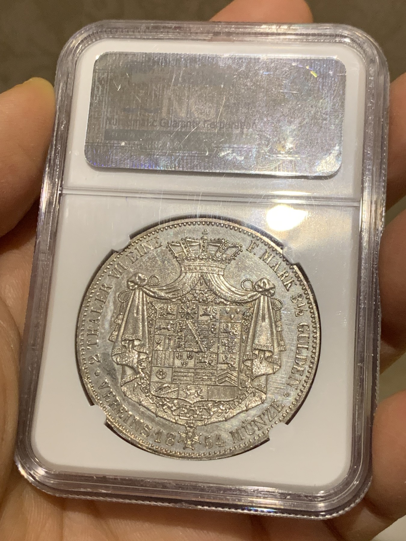 《竞宝斋》圣诞专辑  第一场  第227场 定制纪念章相赠 (全场顺丰包邮) 冠军分 NGC MS62 德国 1854 萨克森-科堡-哥达公爵 恩斯特二世 2泰勒大银币 单一年份稀少品种  PL底板 他的弟弟便是维多利亚女王的丈夫 Ha拍卖原物来价5160美元