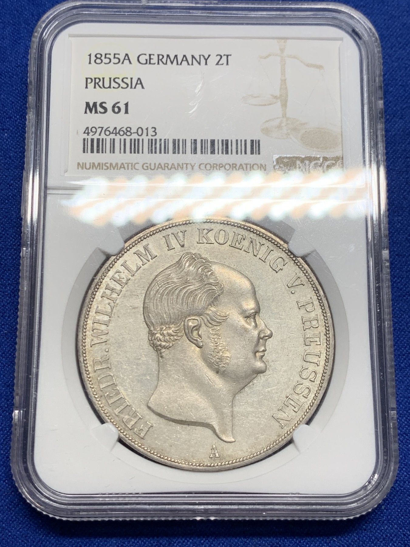 《竞宝斋》圣诞专辑  第一场  第227场 定制纪念章相赠 (全场顺丰包邮) NGC MS61 1855年 德国普鲁士洋葱头2泰勒大窗帘银币 底板光洁 细节好 感觉低评了