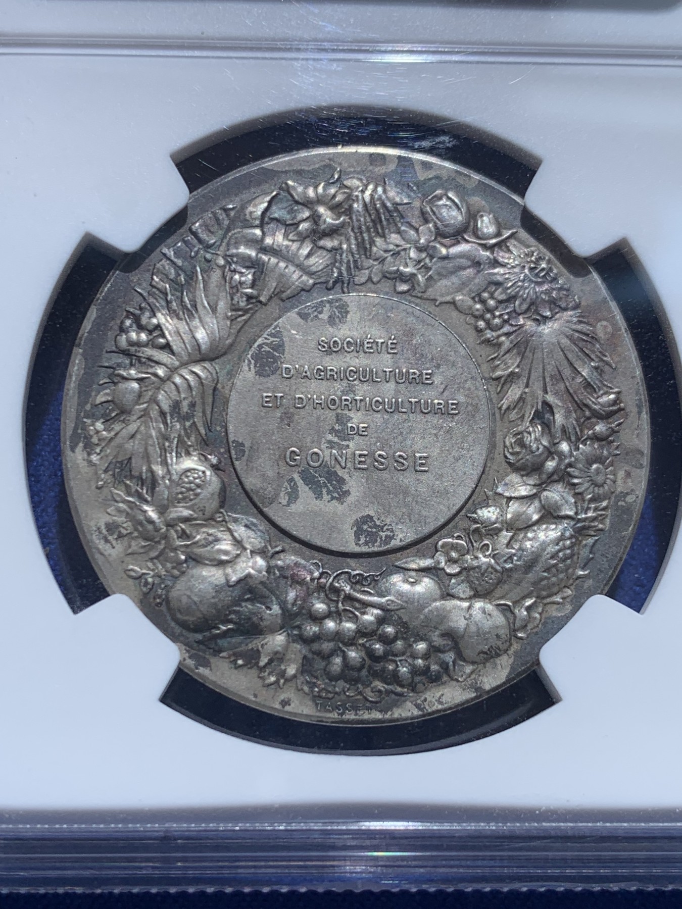 《竞宝斋》圣诞专辑  第一场  第227场 定制纪念章相赠 (全场顺丰包邮) NGC-MS61，法国园艺儿童小天使艺术派银章。醇厚老包浆，章牌大师dubios作品。稀有程度远少于同期银币。MS可藏状态非常难得。