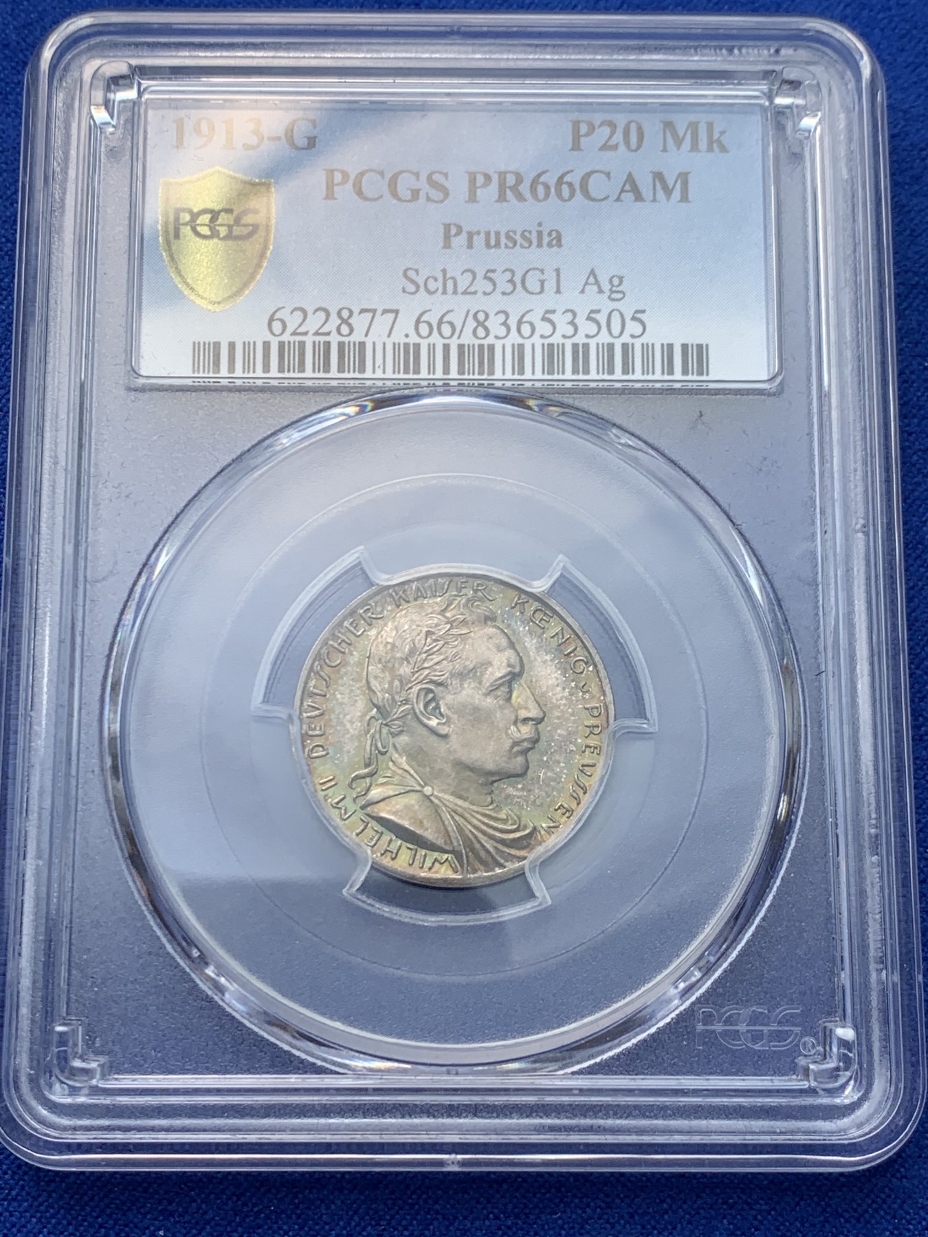 《竞宝斋》圣诞专辑  第一场  第227场 定制纪念章相赠 (全场顺丰包邮) PCGS PF66CAM 德国1913普鲁士威廉二世，精制银样币20马克，极至五彩冠军分，稀少