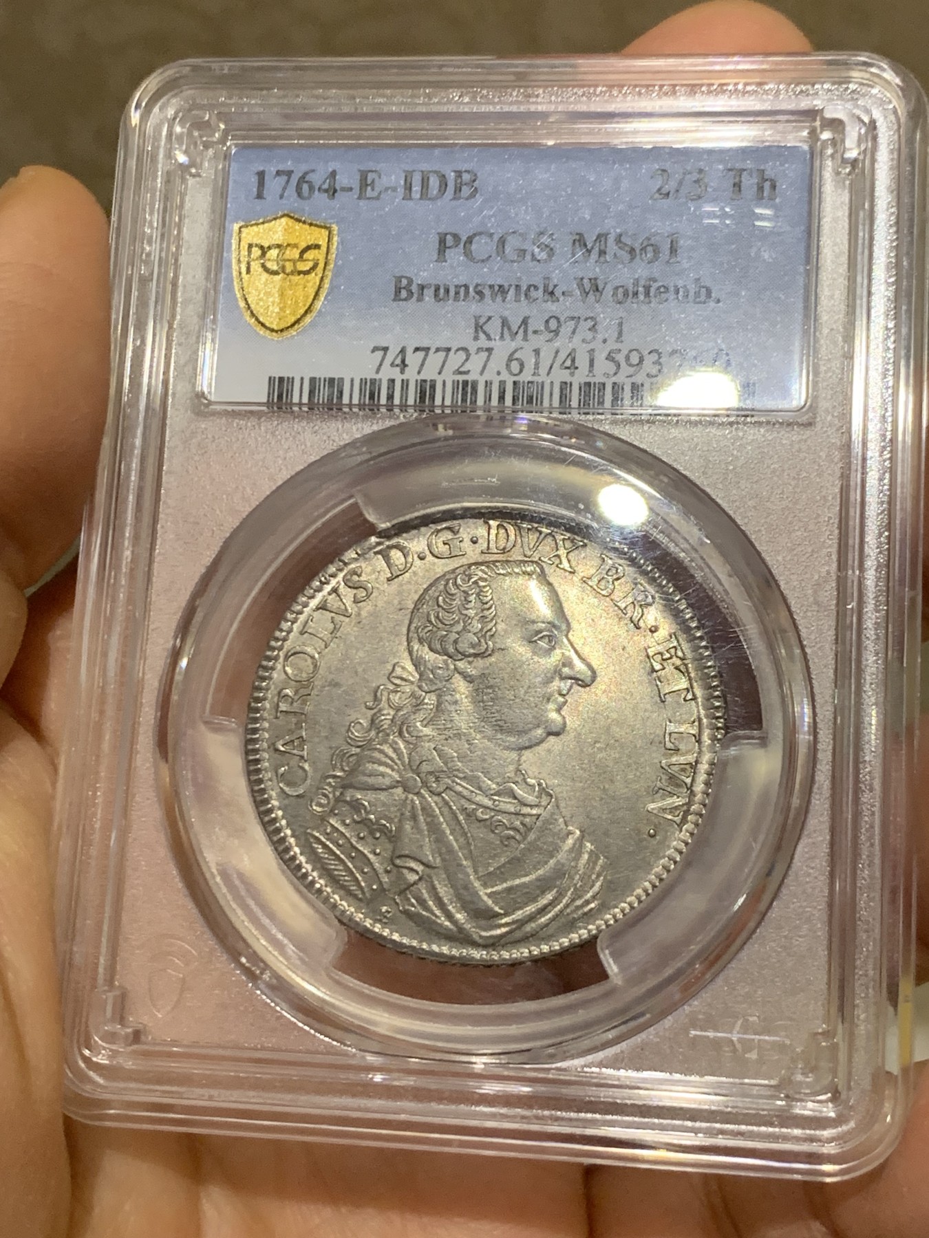《竞宝斋》圣诞专辑  第一场  第227场 定制纪念章相赠 (全场顺丰包邮) PCGS-MS61 不伦瑞克（布伦瑞克）1764年飞马2/3泰勒银币，原味淡彩，设计精美，正面为公爵戎装像，背面小马设计栩栩如生，这个品种上ms非常难。