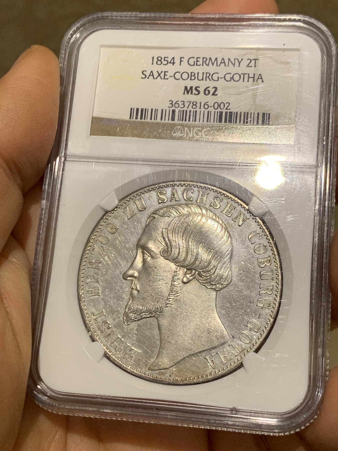 《竞宝斋》圣诞专辑  第一场  第227场 定制纪念章相赠 (全场顺丰包邮) 冠军分 NGC MS62 德国 1854 萨克森-科堡-哥达公爵 恩斯特二世 2泰勒大银币 单一年份稀少品种  PL底板 他的弟弟便是维多利亚女王的丈夫 Ha拍卖原物来价5160美元