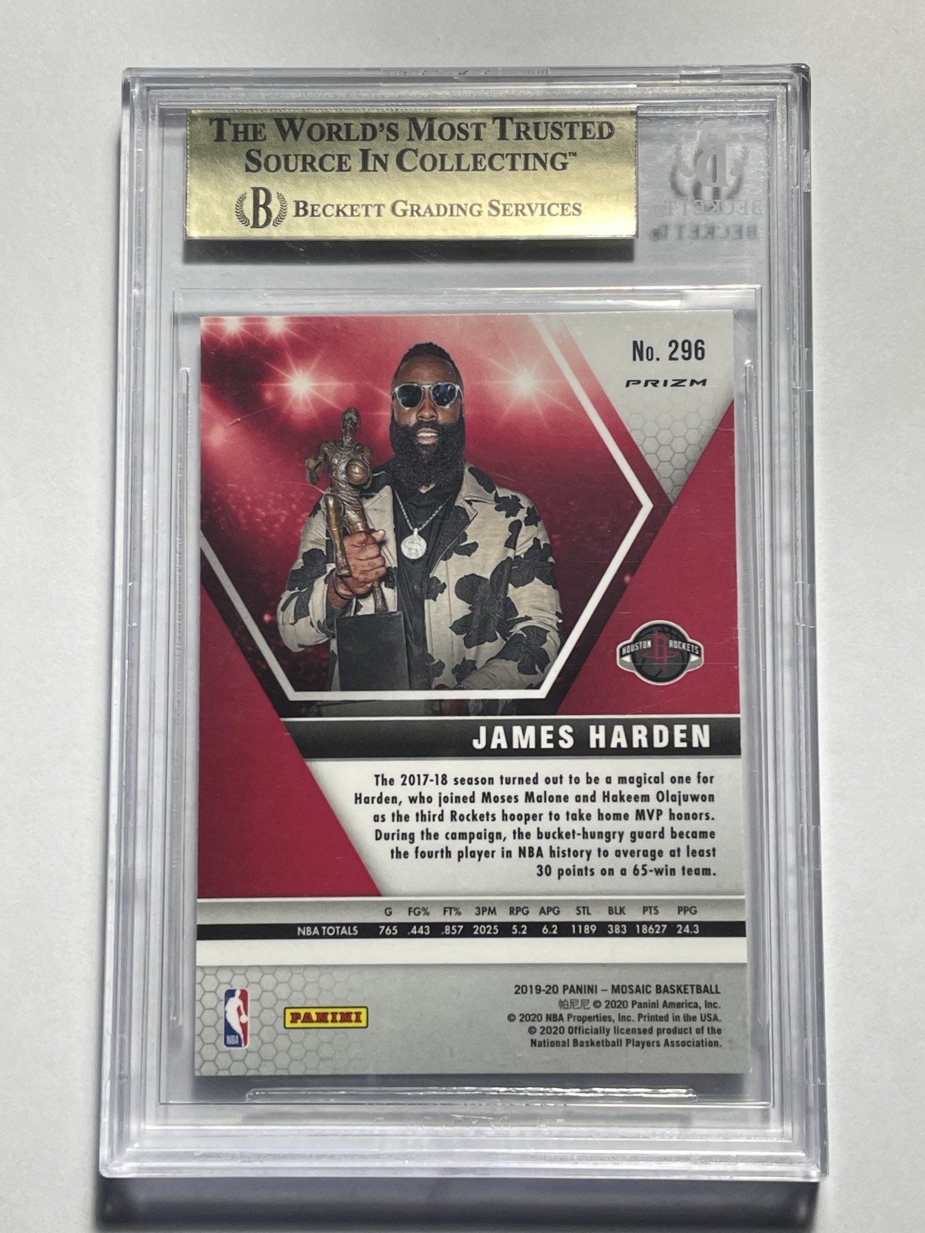 【德藏】卡牌拍卖第10期 ~喜迎2024年·荟萃场~【无每件最低收费！！！】 NBA 2019-20 PANINI MOSAIC 火箭 哈登 MVP捧杯 樱花粉折 BGS 9.5