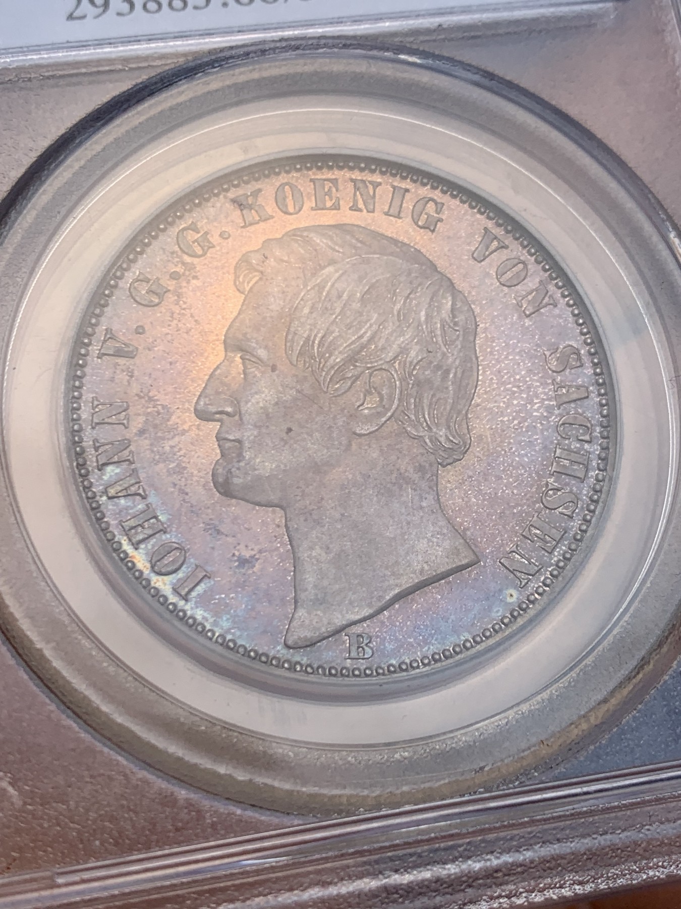 《竞宝斋》圣诞专辑  第一场  第227场 定制纪念章相赠 (全场顺丰包邮) 唯一冠军分 PCGS PR66 德国 1869 萨克森 双狮泰勒 紫罗兰包浆 底板如镜，P早期盒装 可遇不可求的状态