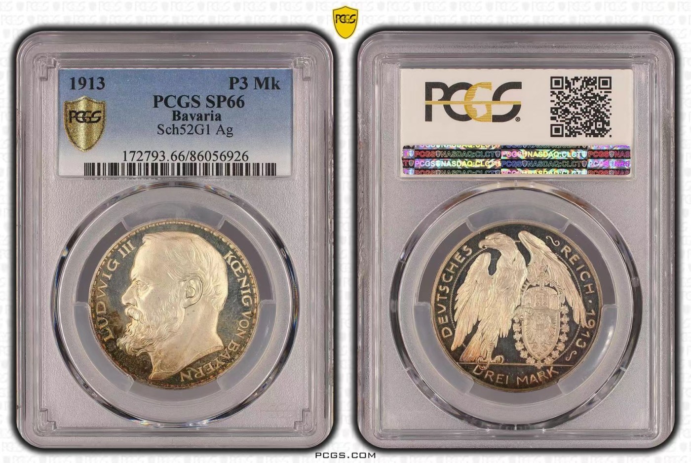 《竞宝斋》圣诞专辑  第一场  第227场 定制纪念章相赠 (全场顺丰包邮) PCGS SP66，德国1913巴伐利亚路德维希2世，3马克银样币，顶级冠军分数，双面月牙五彩，极美！