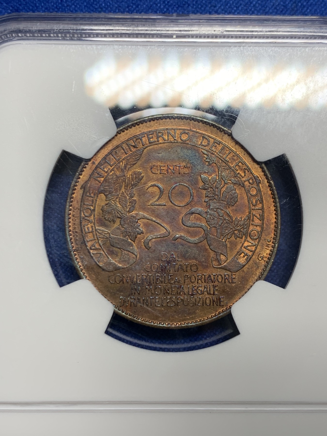 《竞宝斋》圣诞专辑  第一场  第227场 定制纪念章相赠 (全场顺丰包邮) NGC-MS62RB 意大利 1906年 米兰博览会纪念 20分铜币 稀少品种 RB的品相首拍 绝美人脸加五彩