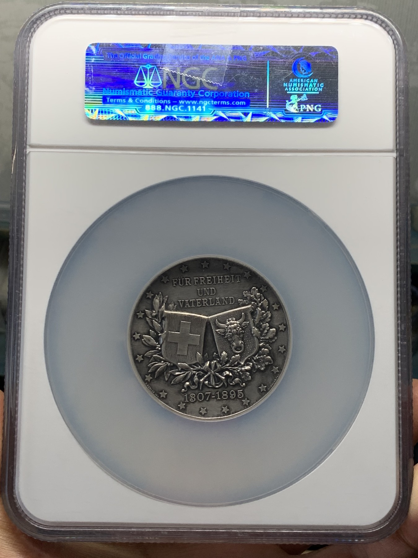 《竞宝斋》圣诞专辑  第一场  第227场 定制纪念章相赠 (全场顺丰包邮) NGC-MS62 瑞士 1895年 乌里州射击节大银章 厚重高浮雕 精致工艺 非常漂亮 NGC大盒