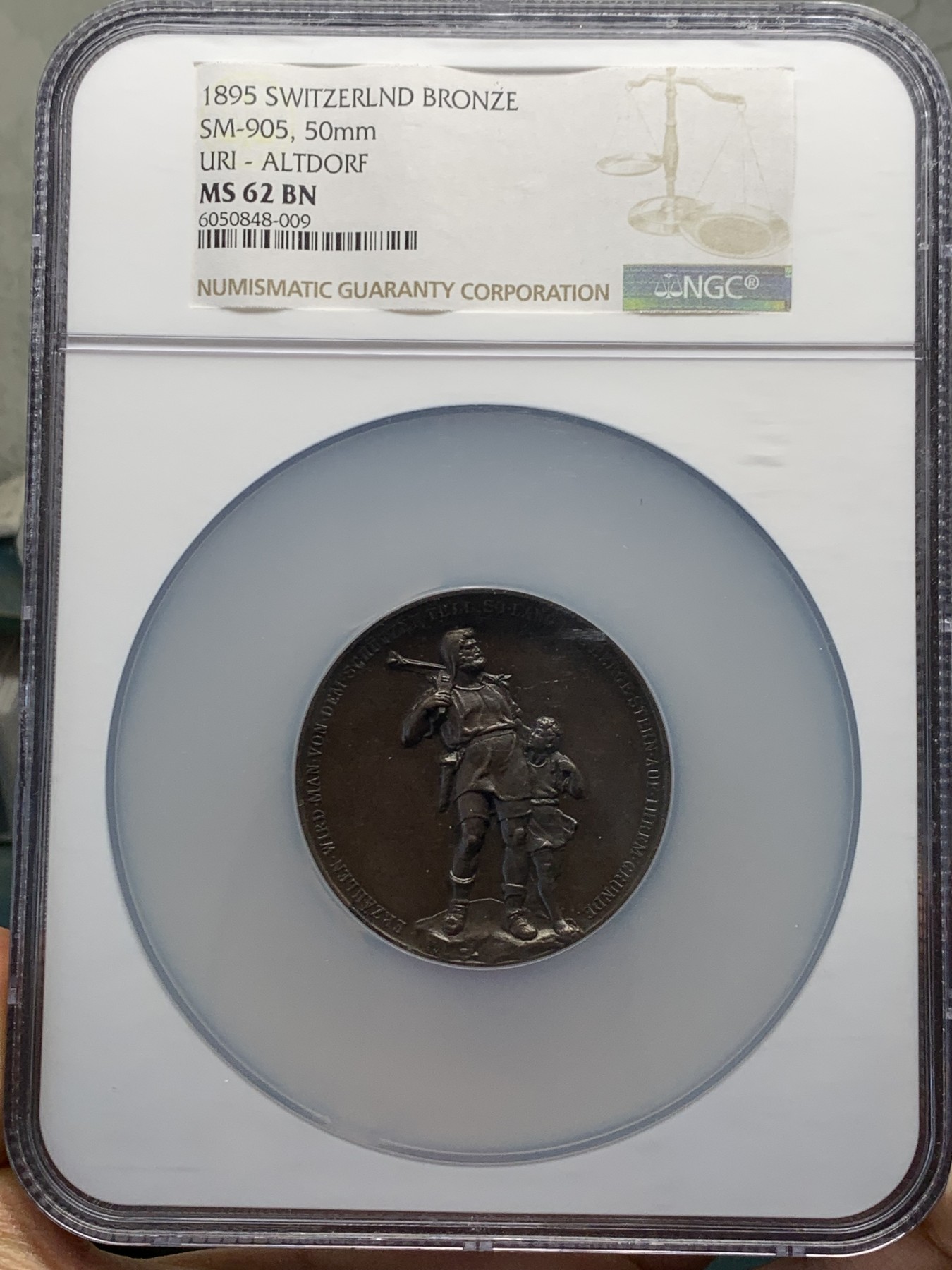 《竞宝斋》圣诞专辑  第一场  第227场 定制纪念章相赠 (全场顺丰包邮) NGC-MS62BN 瑞士 1895年 乌里州射击节大铜章 厚重高浮雕 精致工艺 NGC大盒