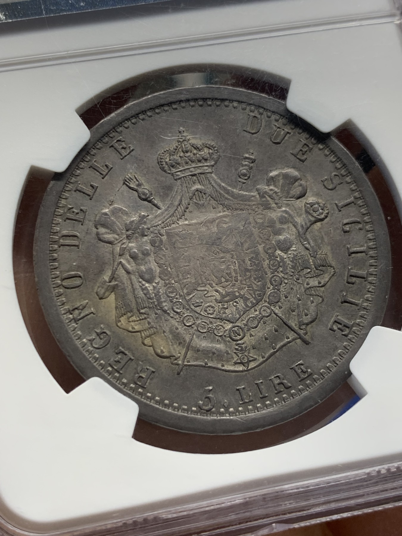 《竞宝斋》圣诞专辑  第一场  第227场 定制纪念章相赠 (全场顺丰包邮) 稀！NGC-AU58 1813那不勒斯与西西里缪拉像5里拉大银币 收藏级！AUD成交价8000多 上58分太难了