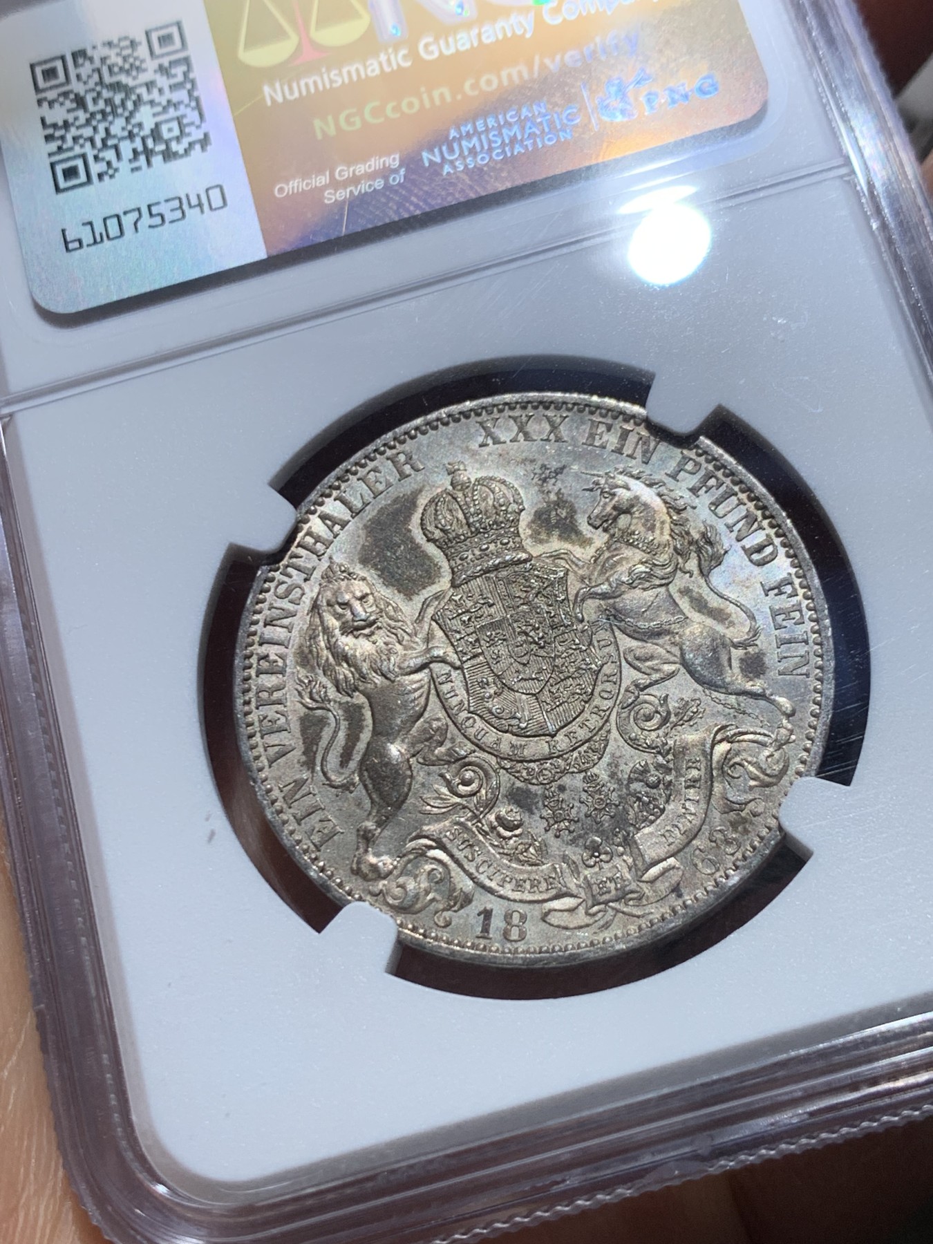 《竞宝斋》圣诞专辑  第一场  第227场 定制纪念章相赠 (全场顺丰包邮) NGC-MS62 德国1863年 汉诺威狮马泰勒银币 少见年份，币面丝滑转光感完美，严评不输给63分的状态