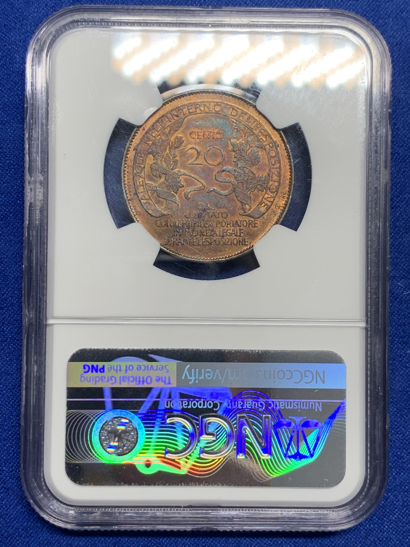 《竞宝斋》圣诞专辑  第一场  第227场 定制纪念章相赠 (全场顺丰包邮) NGC-MS62RB 意大利 1906年 米兰博览会纪念 20分铜币 稀少品种 RB的品相首拍 绝美人脸加五彩