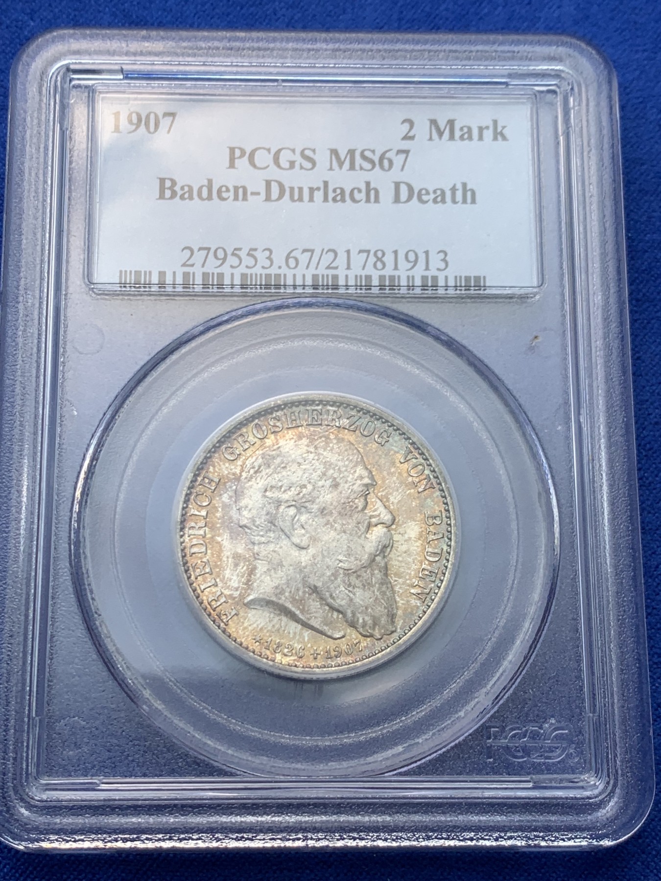 《竞宝斋》圣诞专辑  第一场  第227场 定制纪念章相赠 (全场顺丰包邮) PCGS MS67，德国1907巴登逝世纪念2马克银币，五彩包浆车轮光，2020年1月，SBP拍品，240美金，注:老白盒配官方高清图极罕见