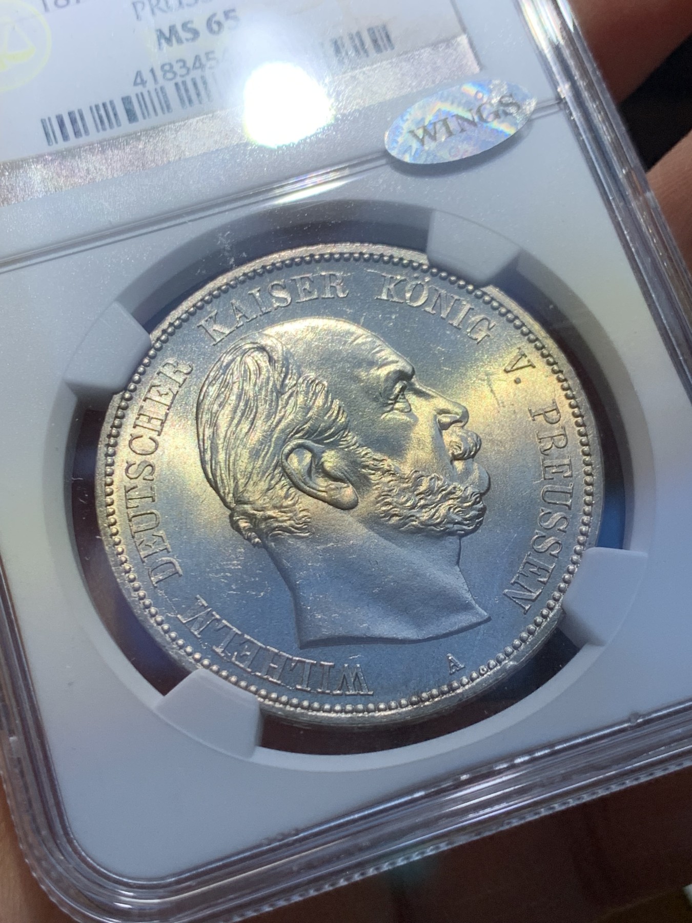 《竞宝斋》圣诞专辑  第一场  第227场 定制纪念章相赠 (全场顺丰包邮) NGC- MS65 德国 1874  威廉一世5马克银币 车轮十字光 带WINGS认证标签 实至名归