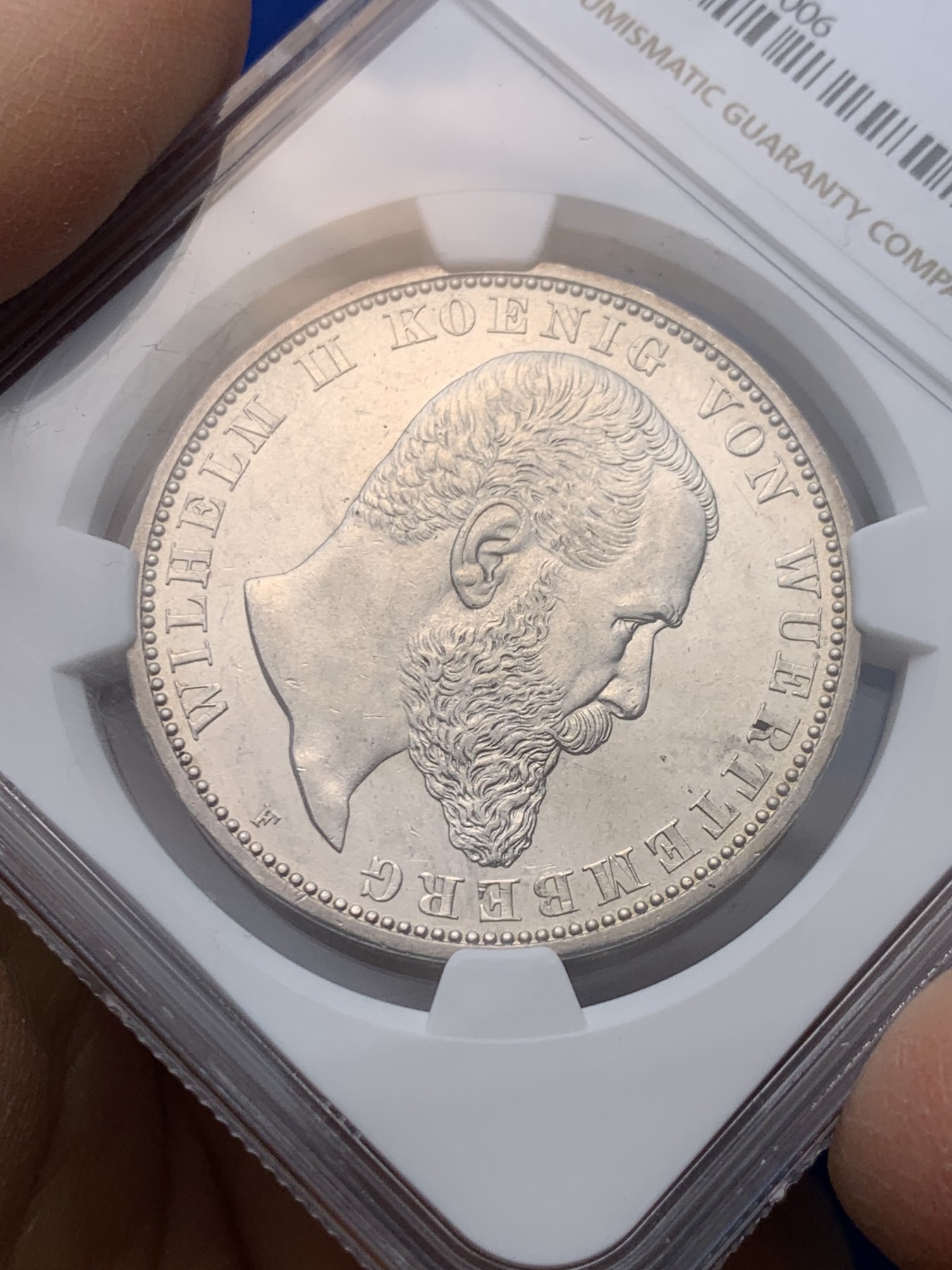 《竞宝斋》圣诞专辑  第一场  第227场 定制纪念章相赠 (全场顺丰包邮) NGC-MS62 德国 1908年 符腾堡5马克银币 流通马克高品难求，比巴伐利亚奥托少，NGC严评。