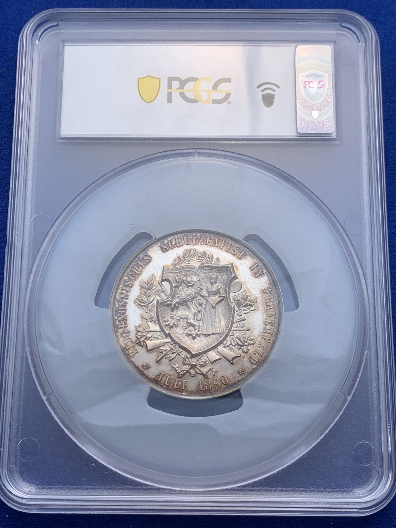 《竞宝斋》圣诞专辑  第一场  第227场 定制纪念章相赠 (全场顺丰包邮) PCGS-SP64 瑞士 1890年 图尔高射击节 大银章 大盒封装 镜面工艺 橙粉色包浆 同款所见最美包浆