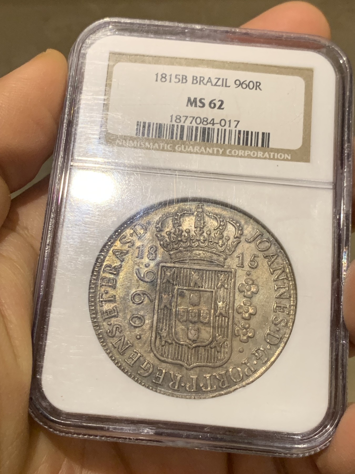 《竞宝斋》圣诞专辑  第二场  第228场 定制纪念章相赠 (全场顺丰包邮) NGC MS62 巴西1815年地球960瑞斯大银币 双面全深打 底板光洁 非常好