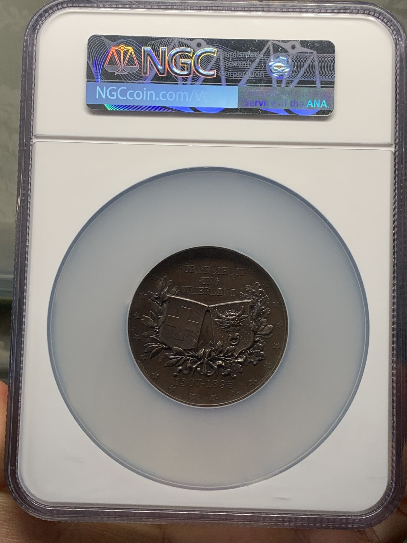 《竞宝斋》圣诞专辑  第一场  第227场 定制纪念章相赠 (全场顺丰包邮) NGC-MS62BN 瑞士 1895年 乌里州射击节大铜章 厚重高浮雕 精致工艺 NGC大盒