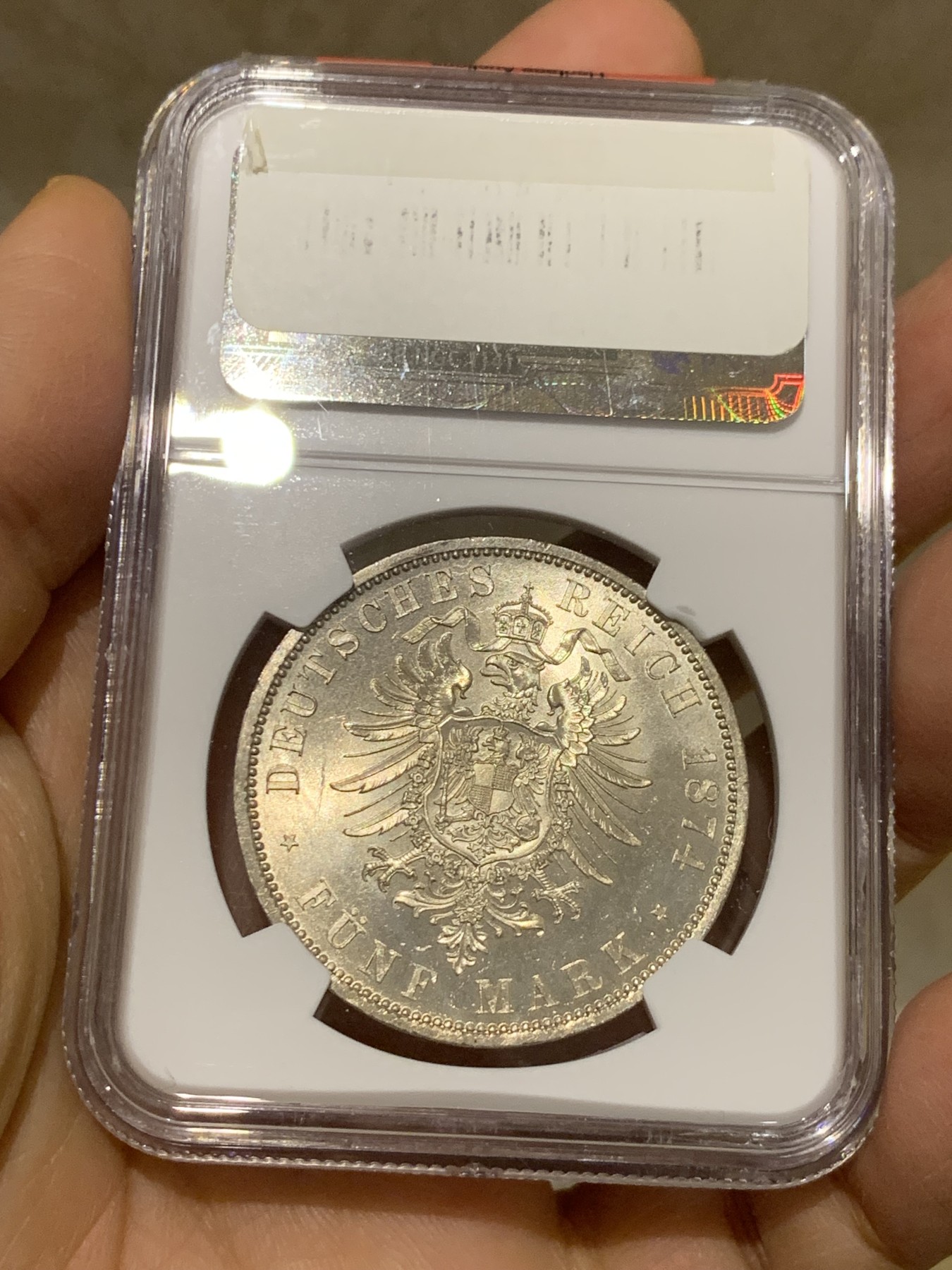 《竞宝斋》圣诞专辑  第一场  第227场 定制纪念章相赠 (全场顺丰包邮) NGC- MS65 德国 1874  威廉一世5马克银币 车轮十字光 带WINGS认证标签 实至名归