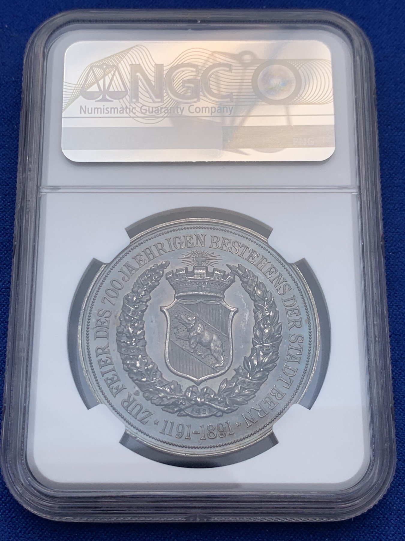 《竞宝斋》圣诞专辑  第一场  第227场 定制纪念章相赠 (全场顺丰包邮) NGC-MS63 瑞士 1891年 伯尔尼建城700周年纪念银章 深五彩包浆 非常漂亮