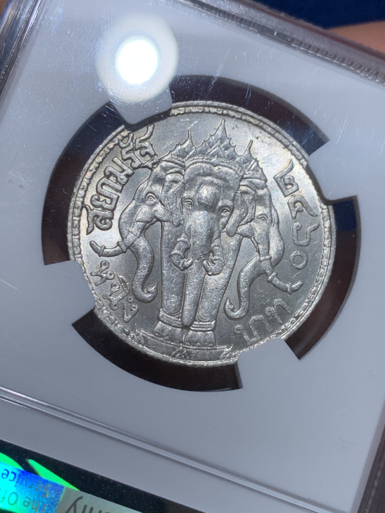 《竞宝斋》圣诞专辑  第一场  第227场 定制纪念章相赠 (全场顺丰包邮) NGC-MS63 泰国1917年拉玛六世三头象神一株银币