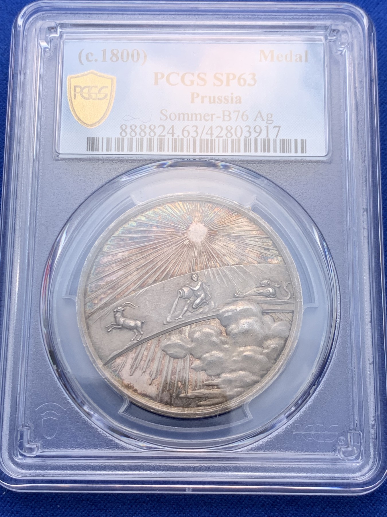 《竞宝斋》圣诞专辑  第一场  第227场 定制纪念章相赠 (全场顺丰包邮) PCGS-SP63 德国普鲁士 19世纪 跨世纪-双面神 银章 唯一冠军分 广告币 双面彩浆 精美设计 HA23年10月N62成交价840美金