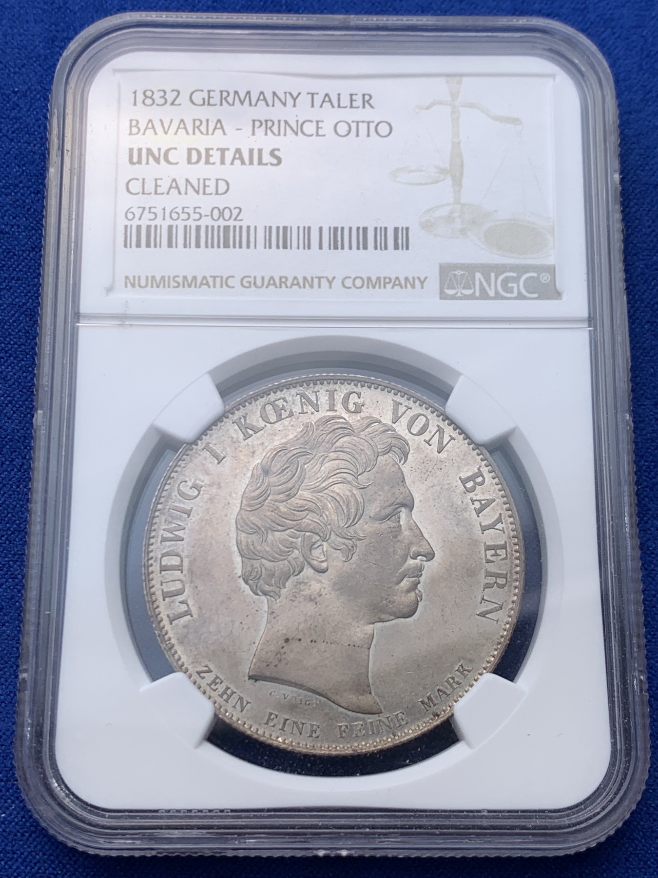 《竞宝斋》圣诞专辑  第一场  第227场 定制纪念章相赠 (全场顺丰包邮) NGC-UNCD 德国巴伐利亚 1832年巴伐利亚的奥托王子登基当了希腊国王历史泰勒大银币，著名历史泰勒品种，正反带光底板好，性价比高