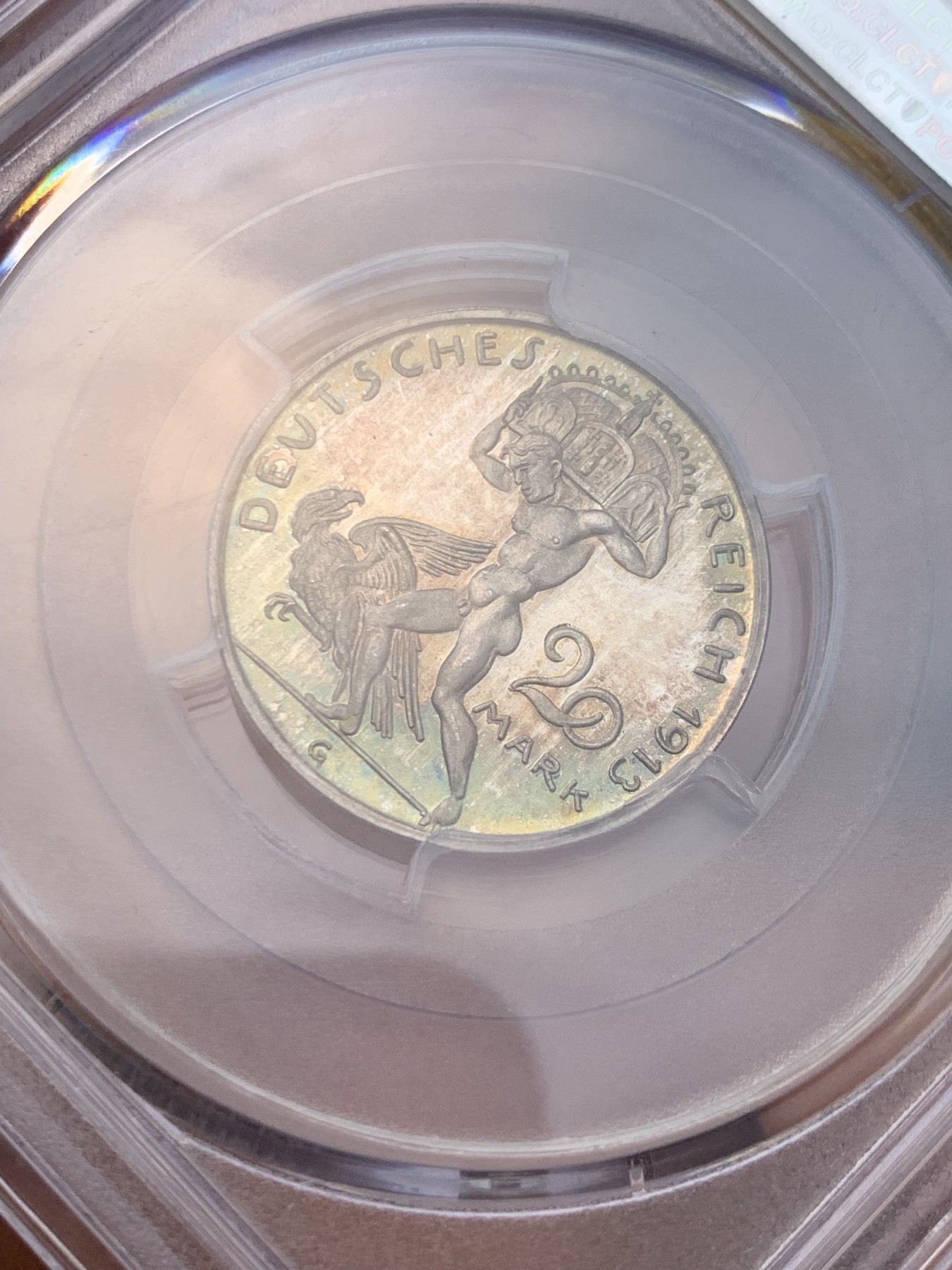 《竞宝斋》圣诞专辑  第一场  第227场 定制纪念章相赠 (全场顺丰包邮) PCGS PF66CAM 德国1913普鲁士威廉二世，精制银样币20马克，极至五彩冠军分，稀少