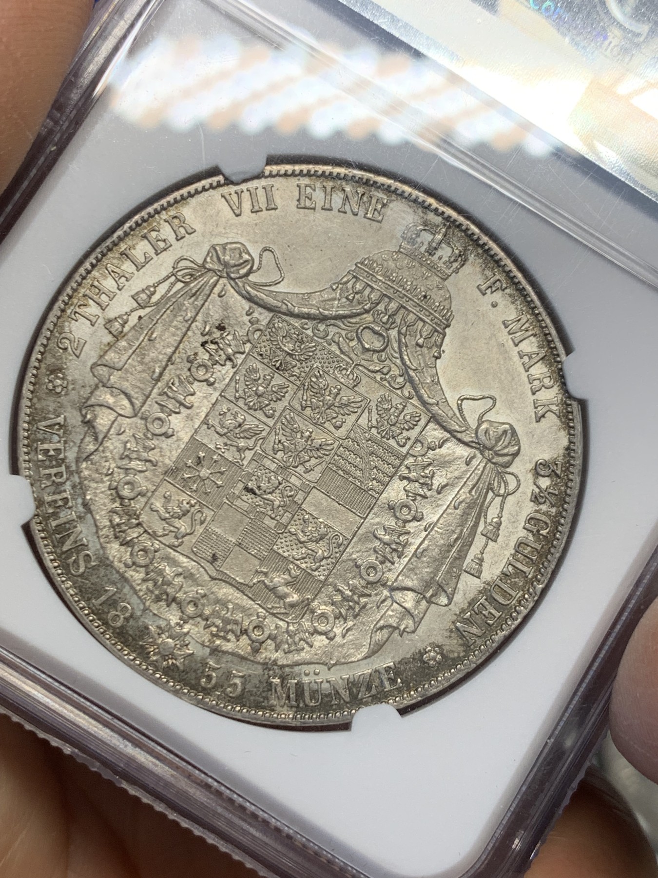 《竞宝斋》圣诞专辑  第一场  第227场 定制纪念章相赠 (全场顺丰包邮) NGC MS61 1855年 德国普鲁士洋葱头2泰勒大窗帘银币 底板光洁 细节好 感觉低评了