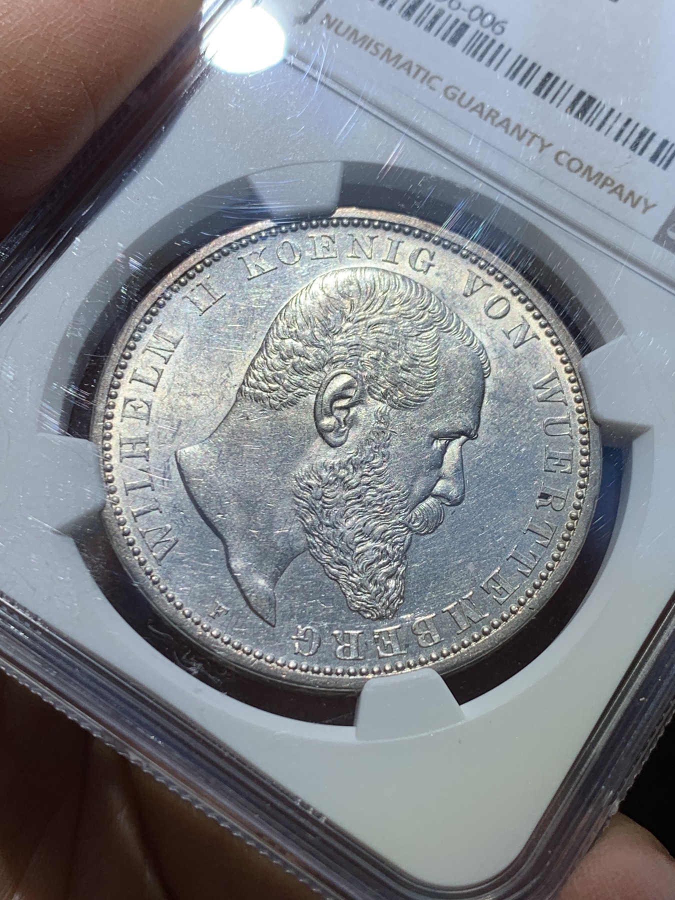 《竞宝斋》圣诞专辑  第一场  第227场 定制纪念章相赠 (全场顺丰包邮) NGC-MS62 德国 1908年 符腾堡5马克银币 流通马克高品难求，比巴伐利亚奥托少，NGC严评。