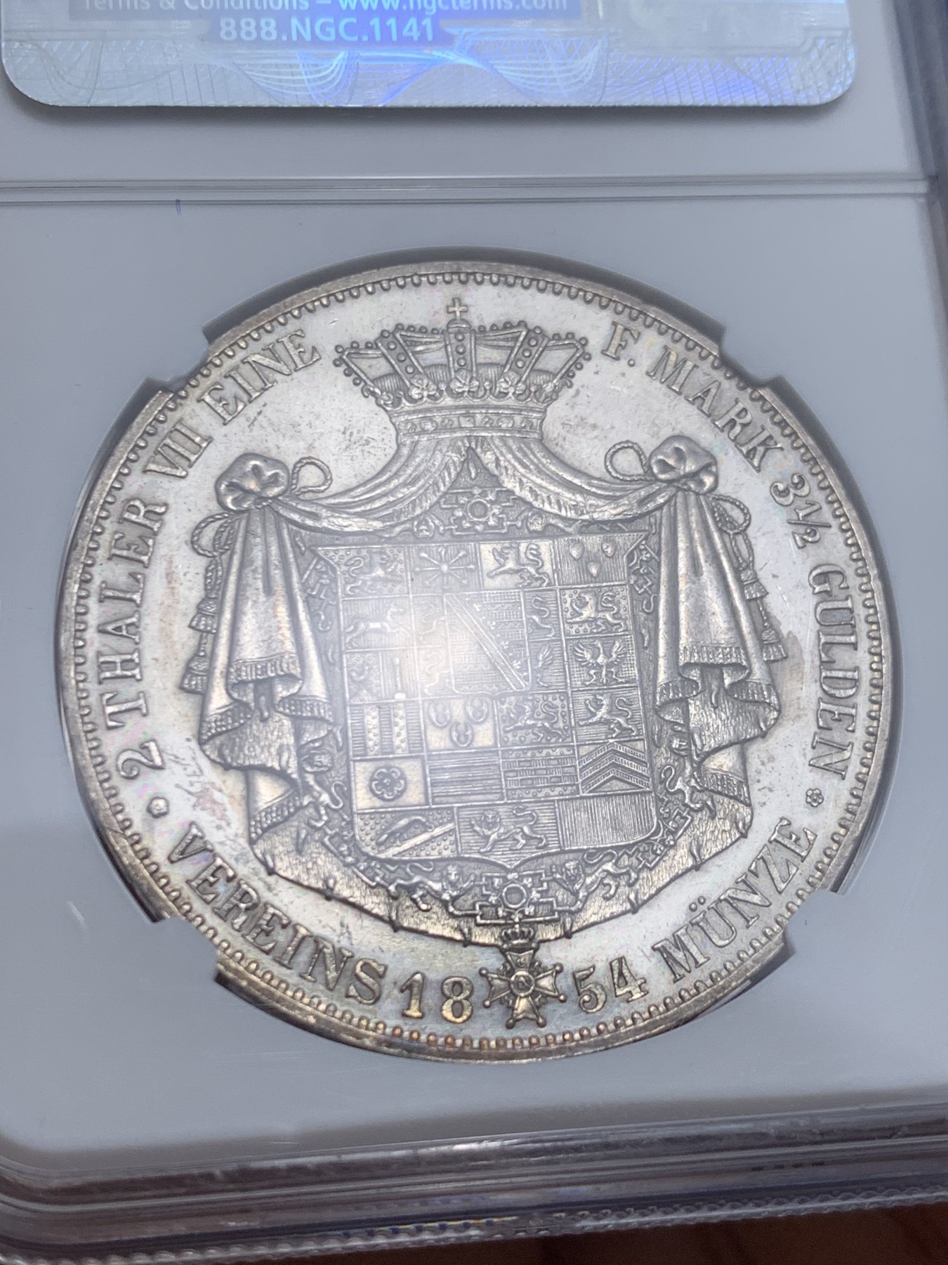 《竞宝斋》圣诞专辑  第一场  第227场 定制纪念章相赠 (全场顺丰包邮) 冠军分 NGC MS62 德国 1854 萨克森-科堡-哥达公爵 恩斯特二世 2泰勒大银币 单一年份稀少品种  PL底板 他的弟弟便是维多利亚女王的丈夫 Ha拍卖原物来价5160美元