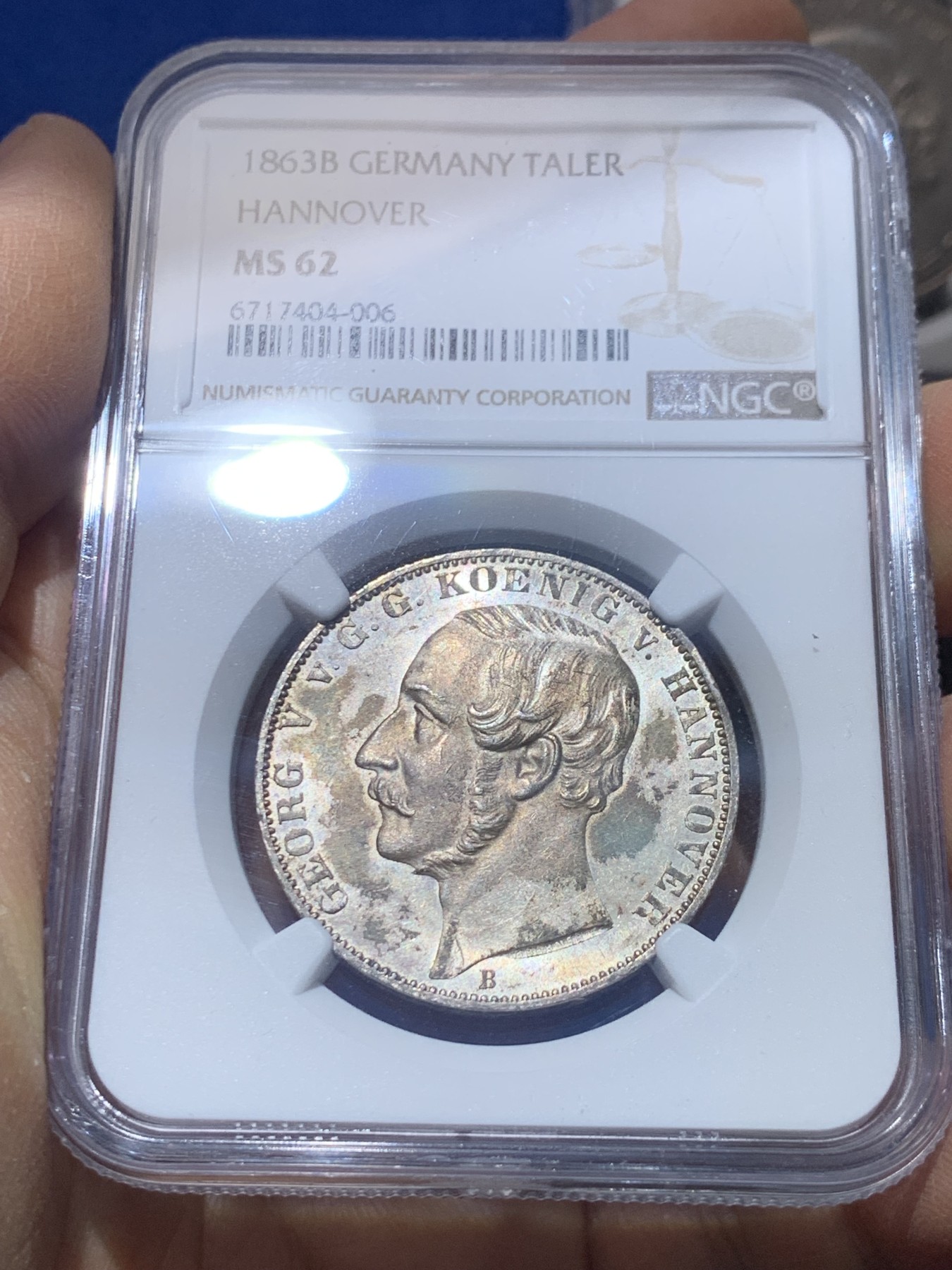《竞宝斋》圣诞专辑  第一场  第227场 定制纪念章相赠 (全场顺丰包邮) NGC-MS62 德国1863年 汉诺威狮马泰勒银币 少见年份，币面丝滑转光感完美，严评不输给63分的状态