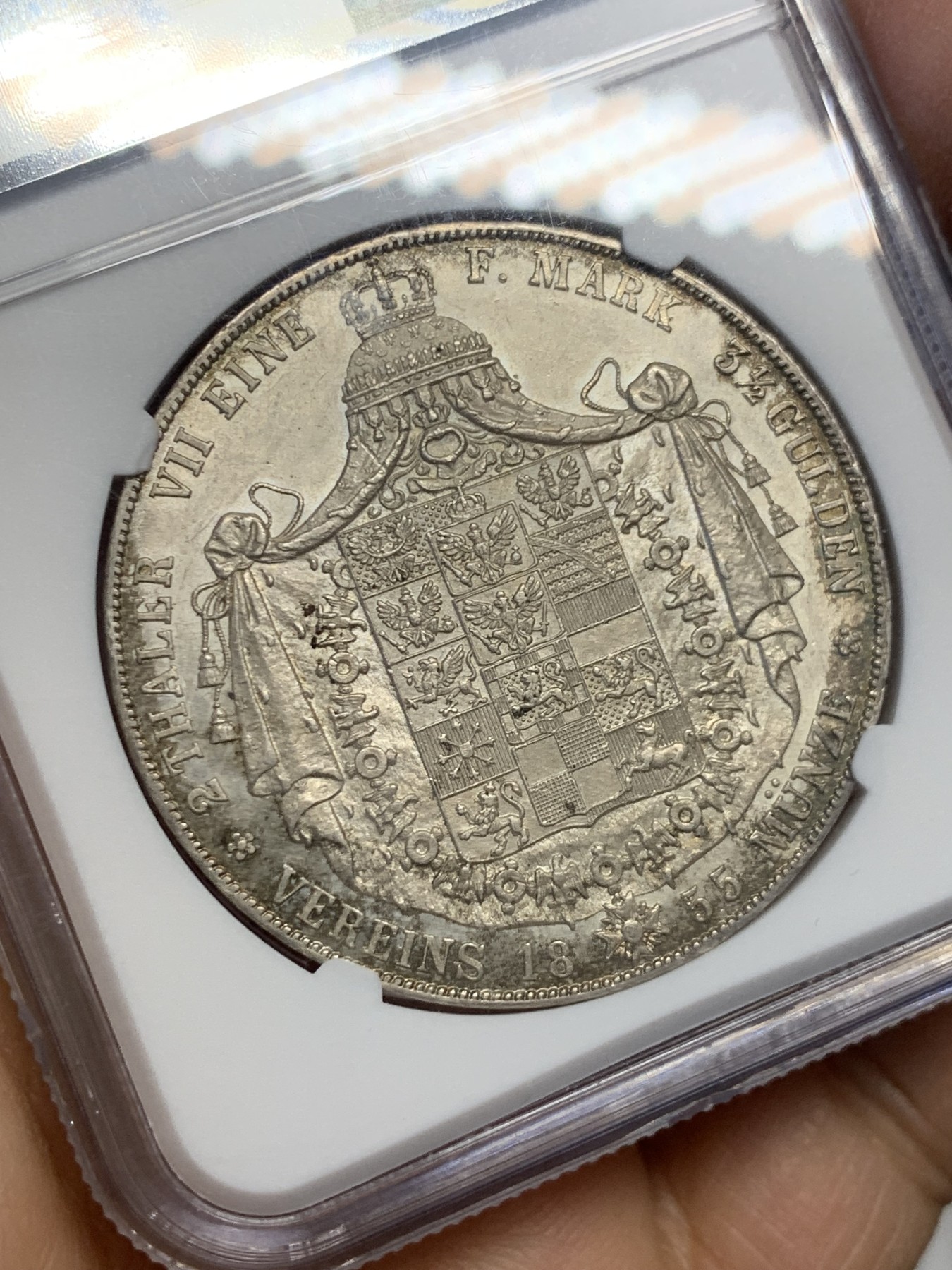 《竞宝斋》圣诞专辑  第一场  第227场 定制纪念章相赠 (全场顺丰包邮) NGC MS61 1855年 德国普鲁士洋葱头2泰勒大窗帘银币 底板光洁 细节好 感觉低评了