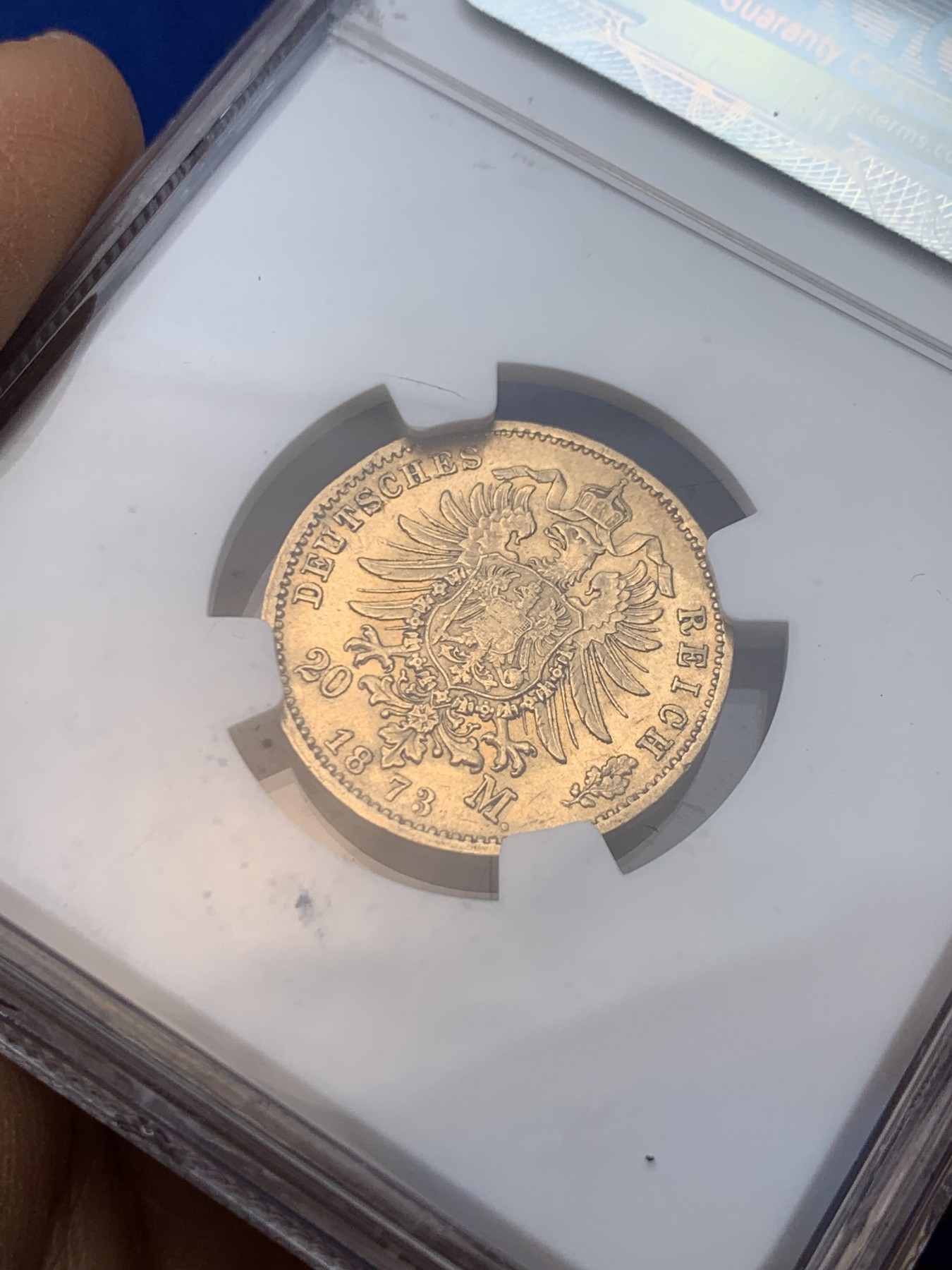 《竞宝斋》圣诞专辑  第一场  第227场 定制纪念章相赠 (全场顺丰包邮) NGC-AU58 德国巴登大公国  1873年20帝国金马克金币 热门的德二短翅鹰，细节和光度都非常好，感觉低评