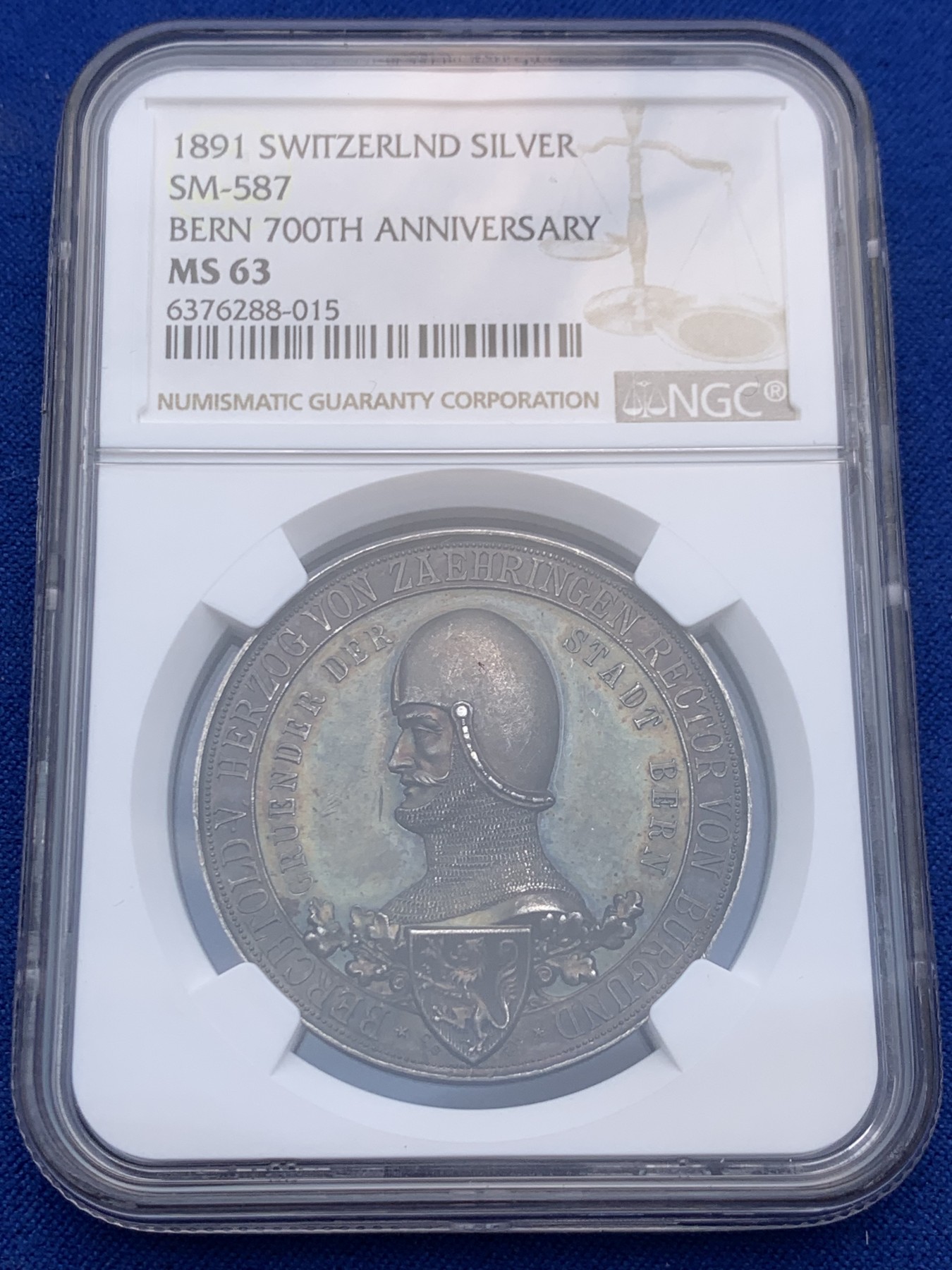 《竞宝斋》圣诞专辑  第一场  第227场 定制纪念章相赠 (全场顺丰包邮) NGC-MS63 瑞士 1891年 伯尔尼建城700周年纪念银章 深五彩包浆 非常漂亮