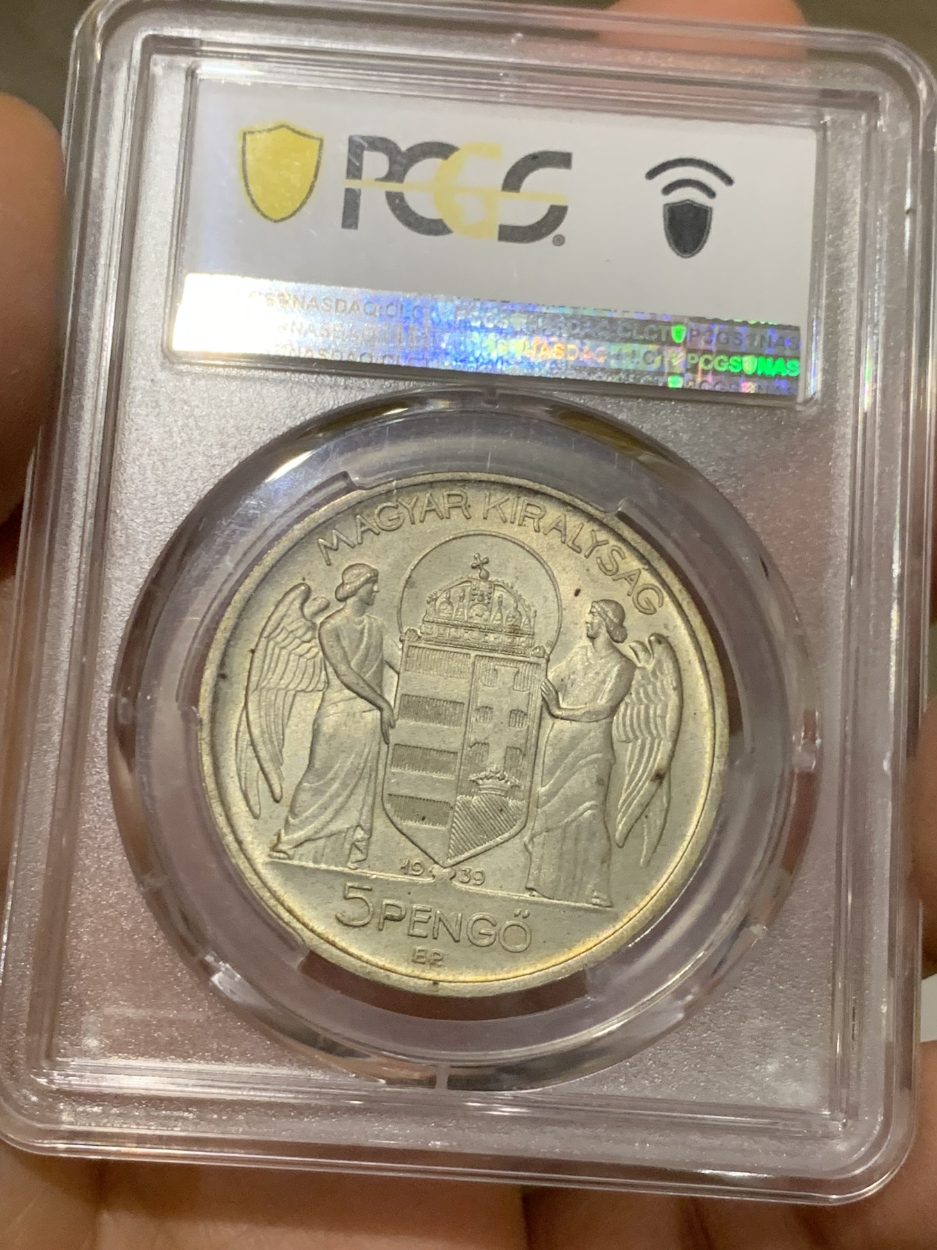 《竞宝斋》圣诞专辑  第一场  第227场 定制纪念章相赠 (全场顺丰包邮) PCGS-MS66 1939年匈牙利5潘果 匈牙利摄政王霍尔蒂海军上将半身像 布达佩斯厂初铸币 黄油包浆 亚军分