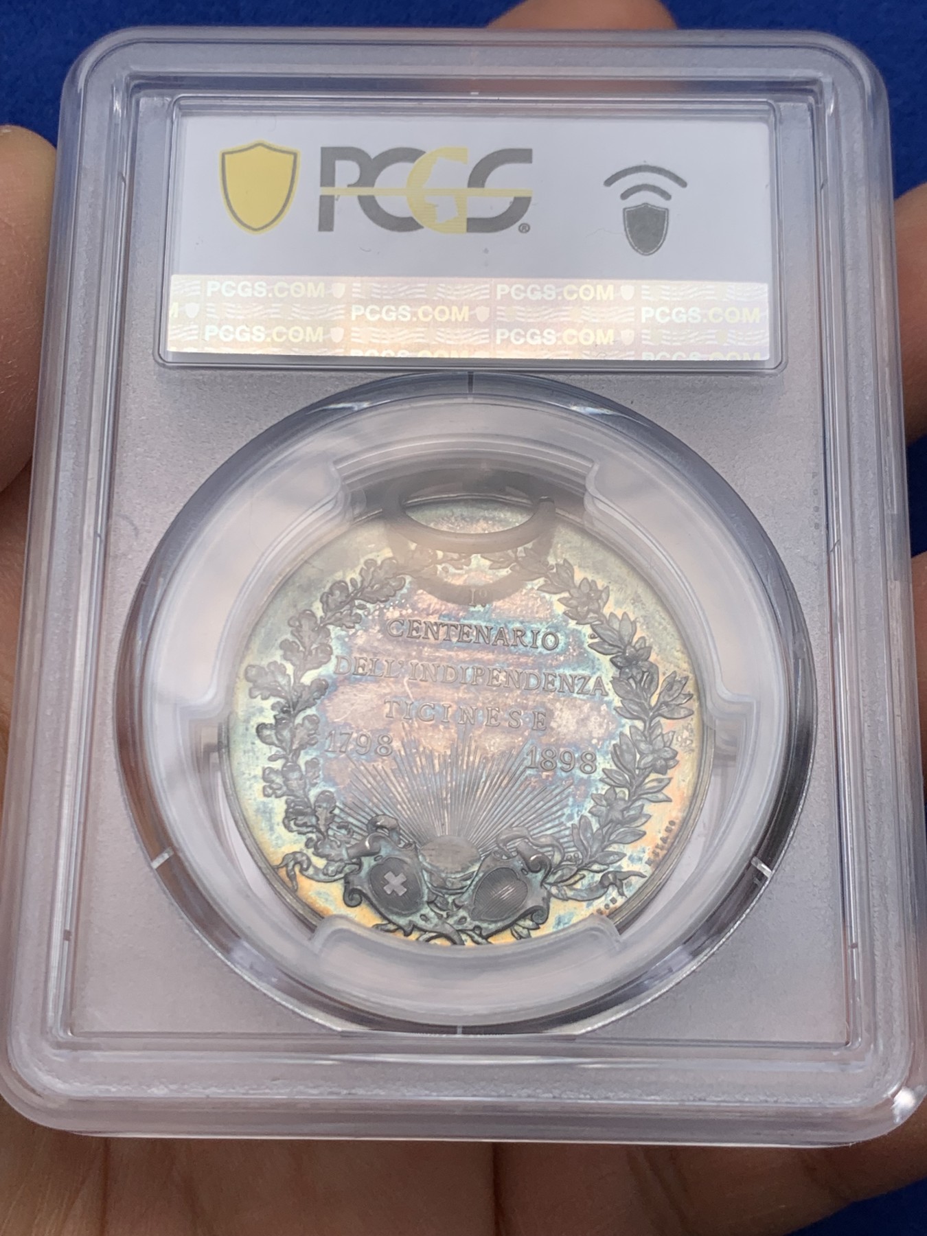 《竞宝斋》圣诞专辑  第一场  第227场 定制纪念章相赠 (全场顺丰包邮) PCGS-SP65 瑞士 1898年 蒂奇诺独立100周年 银章 五彩包浆 精致工艺 PC加厚盒 唯一冠军分
