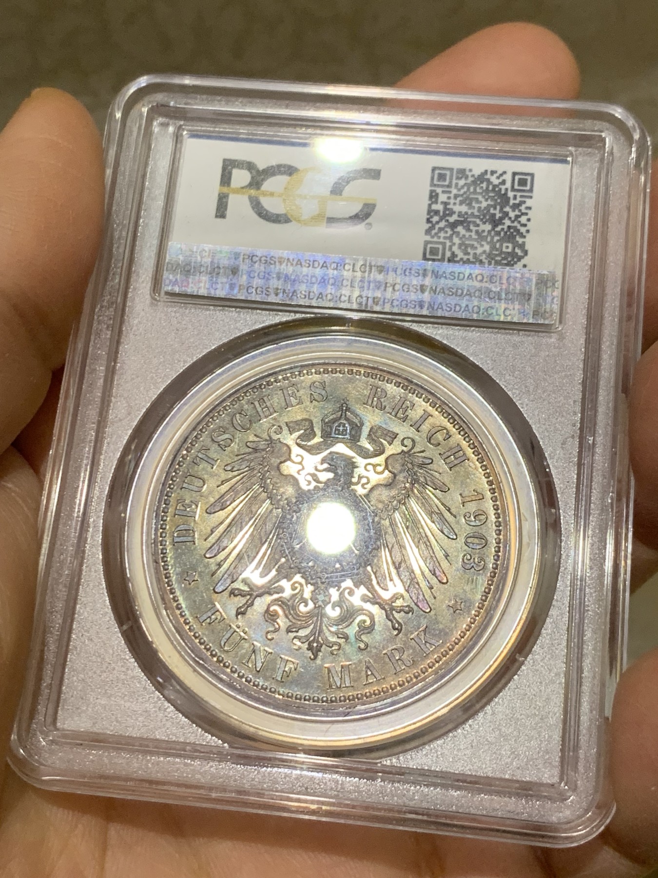 《竞宝斋》圣诞专辑  第一场  第227场 定制纪念章相赠 (全场顺丰包邮) PCGS-PR64CAM,德国1903年萨克森阿尔登堡，50周年登基纪念精制5马克银币，发行量少，很亮的小镜子，反面轻度五彩