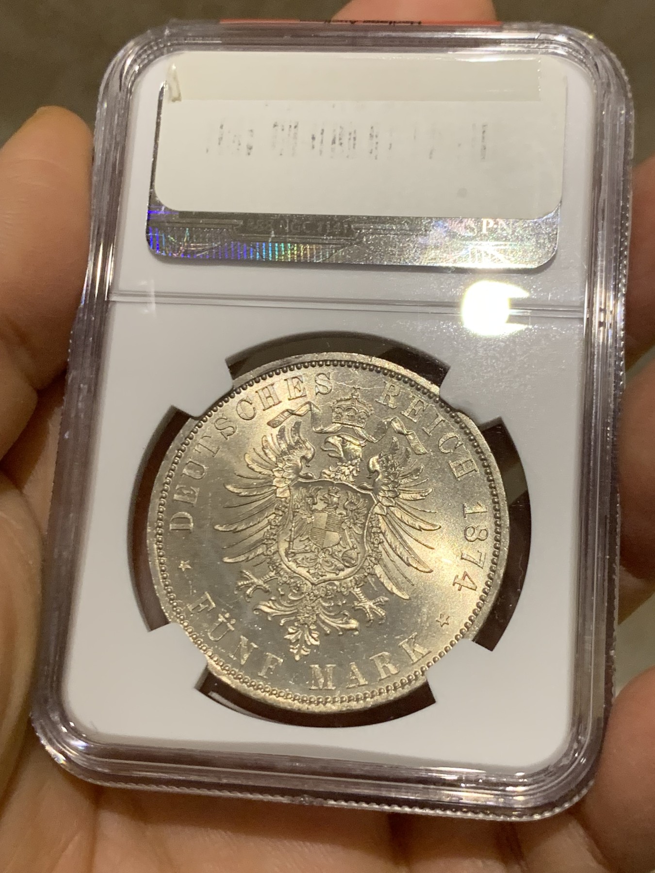 《竞宝斋》圣诞专辑  第一场  第227场 定制纪念章相赠 (全场顺丰包邮) NGC- MS65 德国 1874  威廉一世5马克银币 车轮十字光 带WINGS认证标签 实至名归