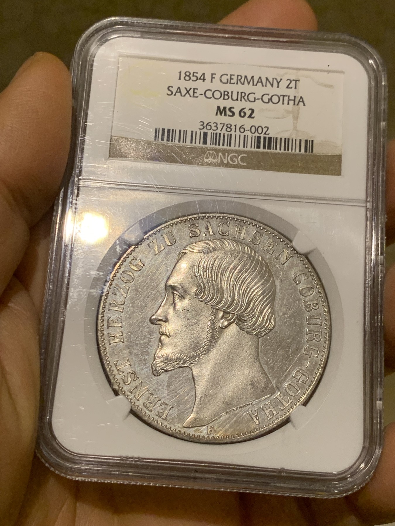 《竞宝斋》圣诞专辑  第一场  第227场 定制纪念章相赠 (全场顺丰包邮) 冠军分 NGC MS62 德国 1854 萨克森-科堡-哥达公爵 恩斯特二世 2泰勒大银币 单一年份稀少品种  PL底板 他的弟弟便是维多利亚女王的丈夫 Ha拍卖原物来价5160美元